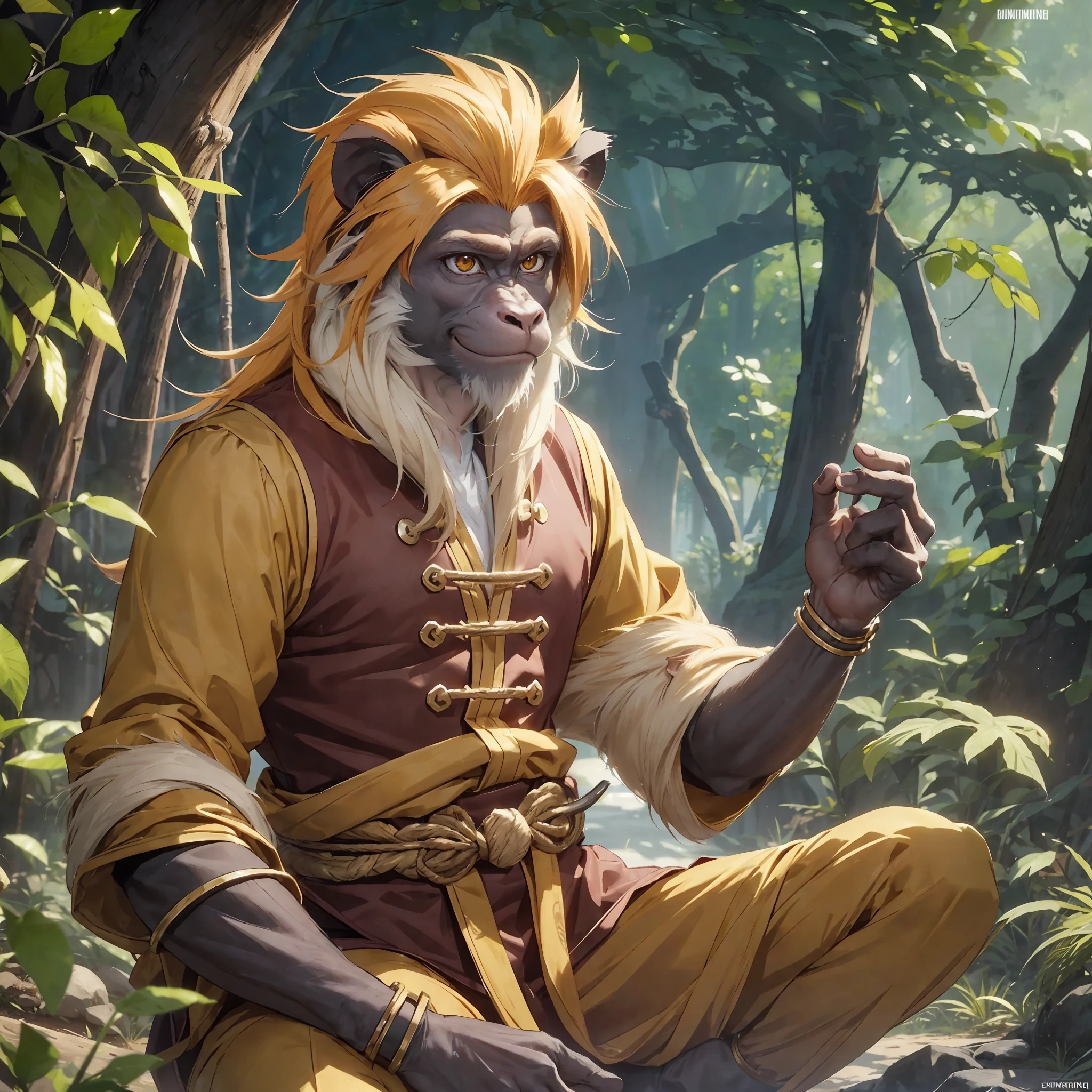 ((single), (solo), vanara (Golden Lion Tamarin Monkey), anthro, ((monkey face)), ((monkey ears)), dnd monk, male, he is wearing a monk gi, he is wearing handwraps, he is wearing ankle wraps, battle pose, upright posture, facing the camera, 8K, realistic anthropomorphism, ultra realism, anthropomorphism, anime live action, anime vibe, unreal engine, no duplicate ears, no duplicate head