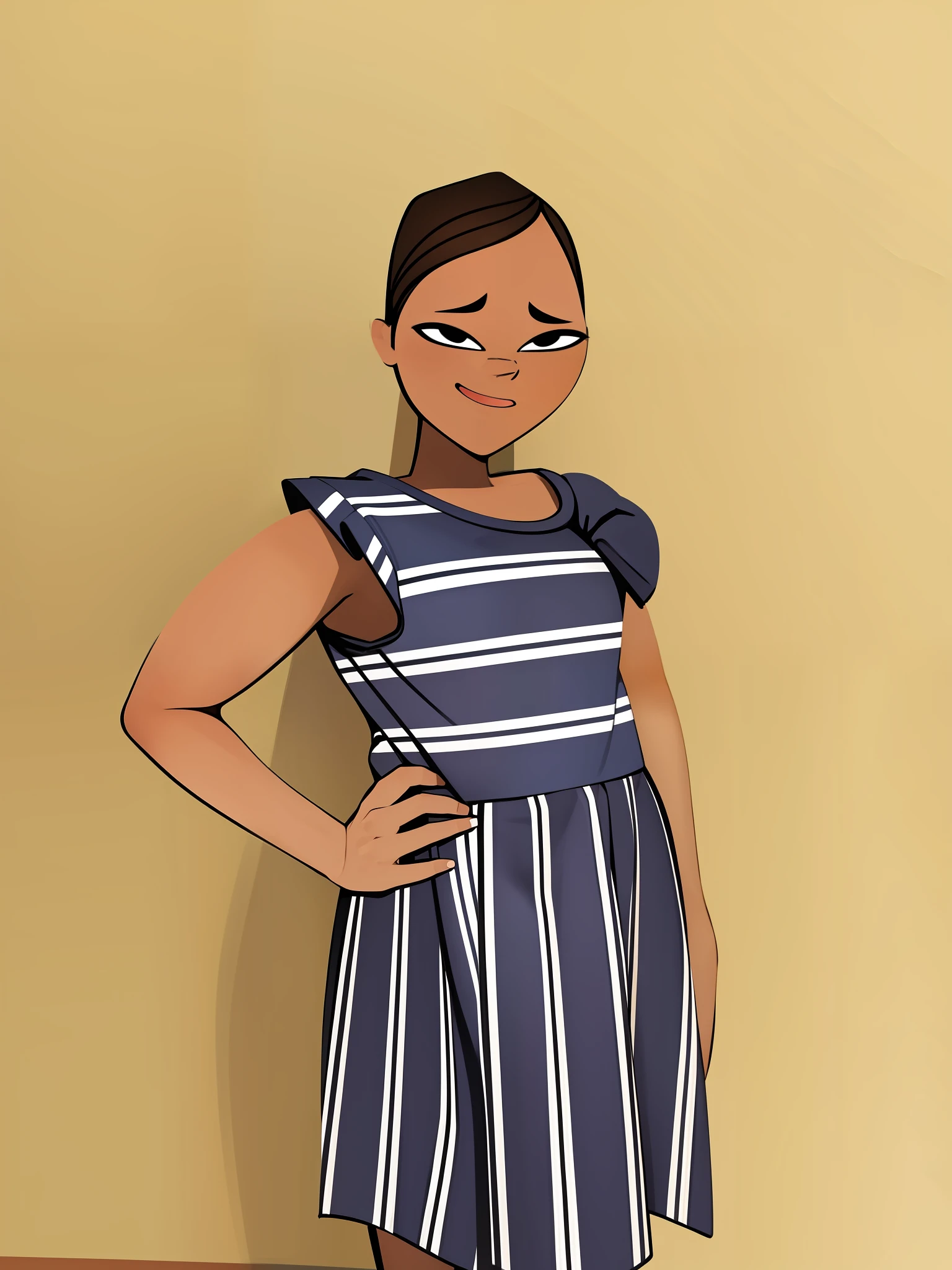 The original image shows the girl from head to knees. Now, imagine and add the girl's full body, including her legs, feet, and any other detail that is needed to make the final image more realistic and cohesive. Be sure to keep the style and tone of the original image.
