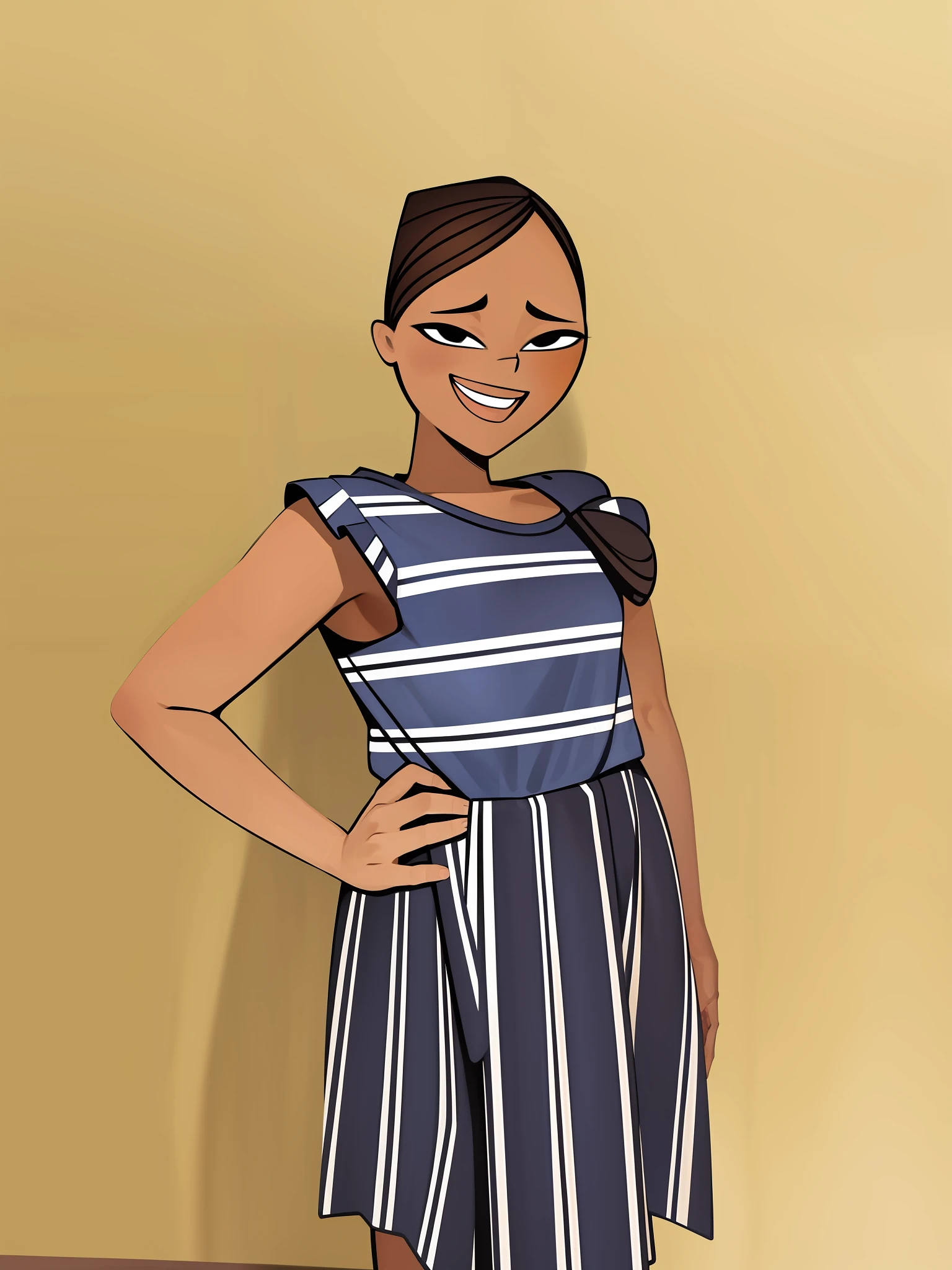 The original image shows the girl from head to knees. Now, imagine and add the girl's full body, including her legs, feet, and any other detail that is needed to make the final image more realistic and cohesive. Be sure to keep the style and tone of the original image.