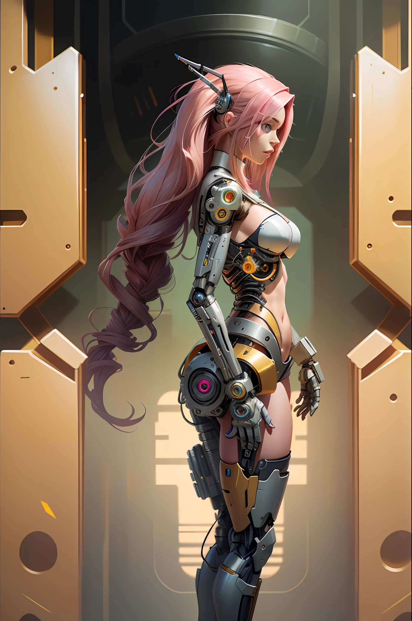 Fluttershy cyborg in the form of a girl, fluttershy of my little pony, pink hair, long hair, body parts from machinery, robot, broken parts