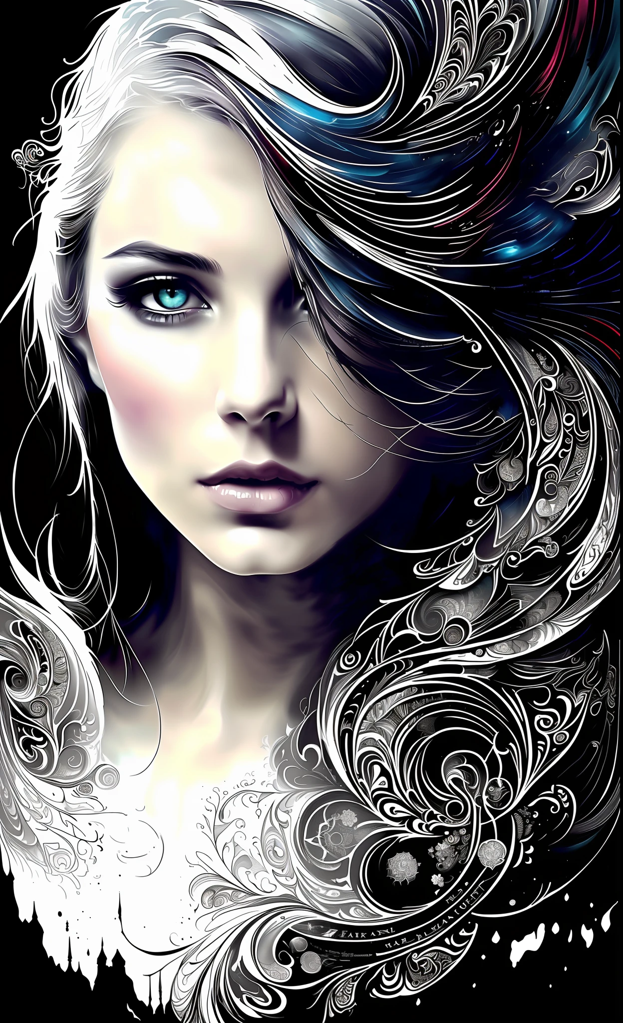 Colorful beautiful woman: Black ink flow: 8k resolution photorealistic masterpiece: by Aaron Horkey and Jeremy Mann: intricately detailed fluid gouache painting: by Jean Baptiste Mongue: calligraphy: acrylic: watercolor art, professional photography, natural lighting, volumetric lighting maximalist photoillustration: by marton bobzert: 8k resolution concept art intricately detailed, complex, elegant, expansive, fantastical