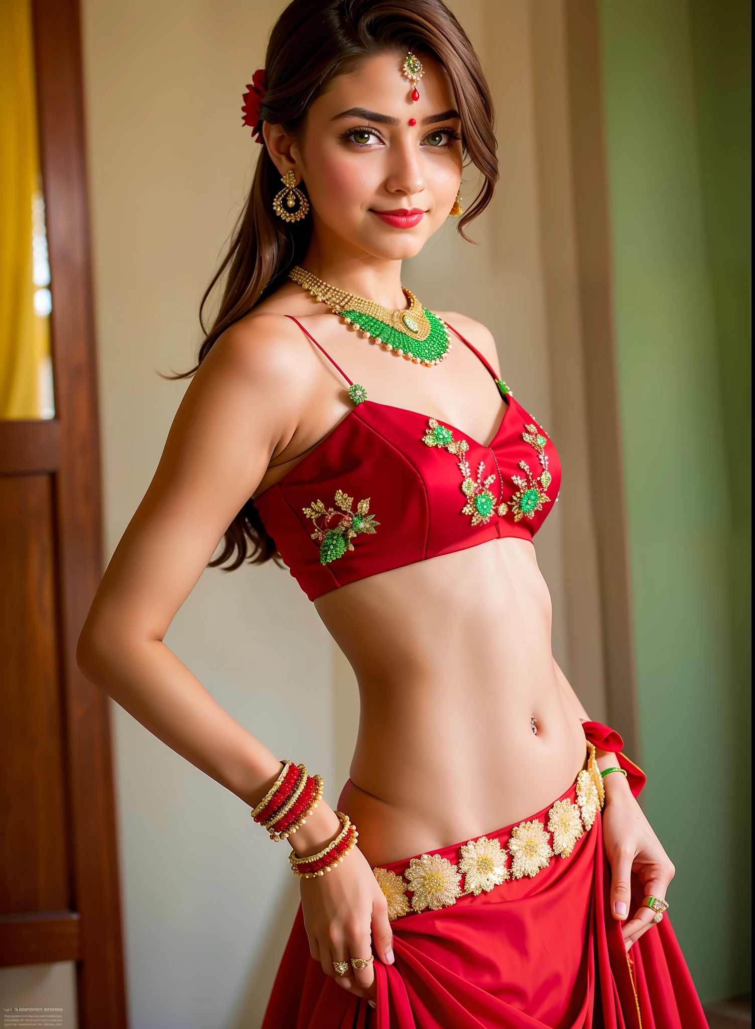 photorealistic, award-winning, hyperrealistic, highly detailed, photo, film grain, (full body photo: 1.2)
Girl in brown hair, green eyes, wearing intricate red bow lehenga choli, red lipstick, jewelry, necklace, looking beyond the camera, hair ornaments, jasmine flowers in hair