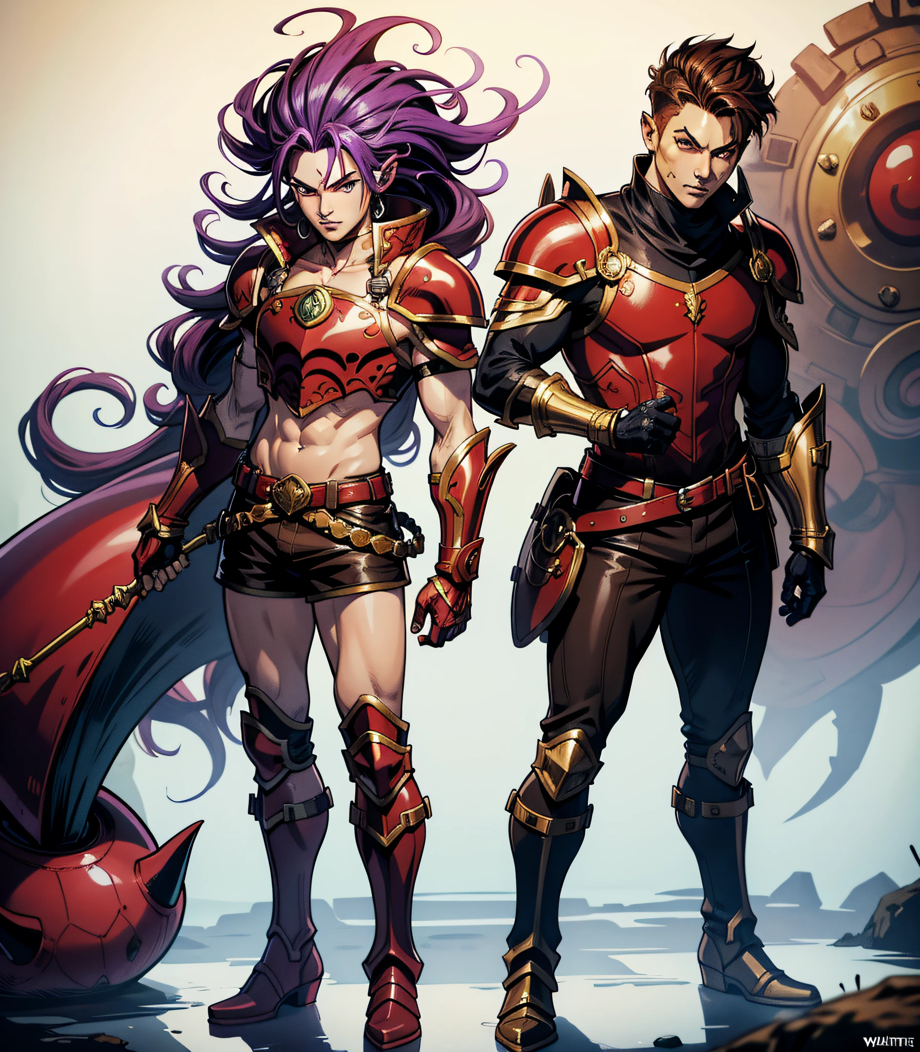 Slime boy, (slime), Slime hair Devilock style, Rajah Red, purple and brown armor with brown shoulder pads, black short shorts, white gauntlets with brown, white armored boots with brown, Masterpiece, Best Quality