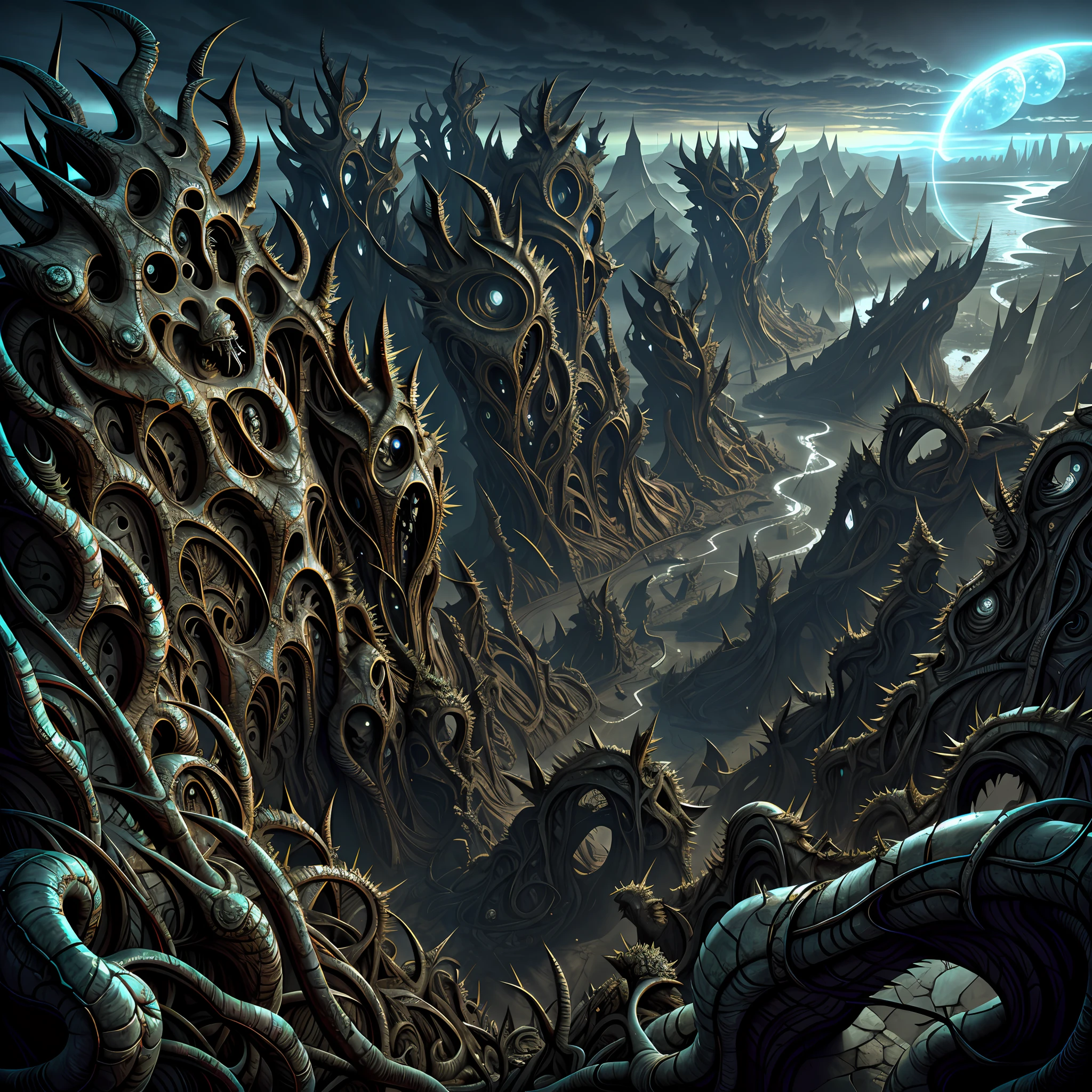 View from the top, horror biomorphic landscape, exposition of eleven complex biomechanical monuments, spiked walls, madness, thorns, artstation, UHD, unreal engine, line art drawing style.