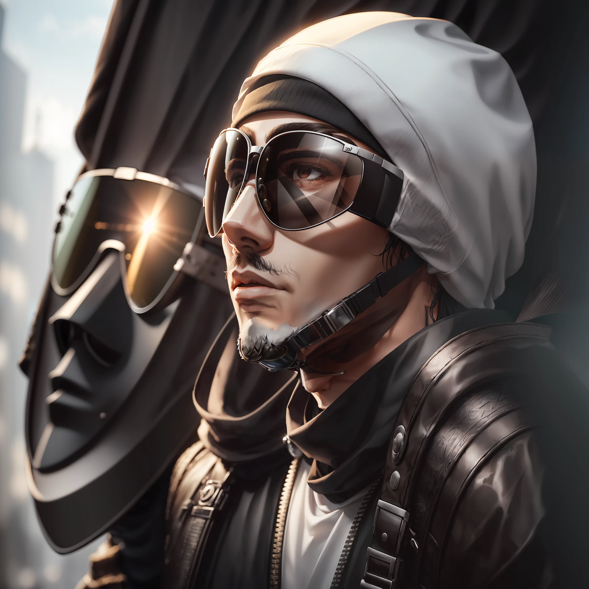 Best quality, masterpiece, ultra high res, (photorealistic: 1.4), raw photo, masked man, full face covered, dark mask, black beanie, aviator glasses, white glasses. dark hat --auto --s2