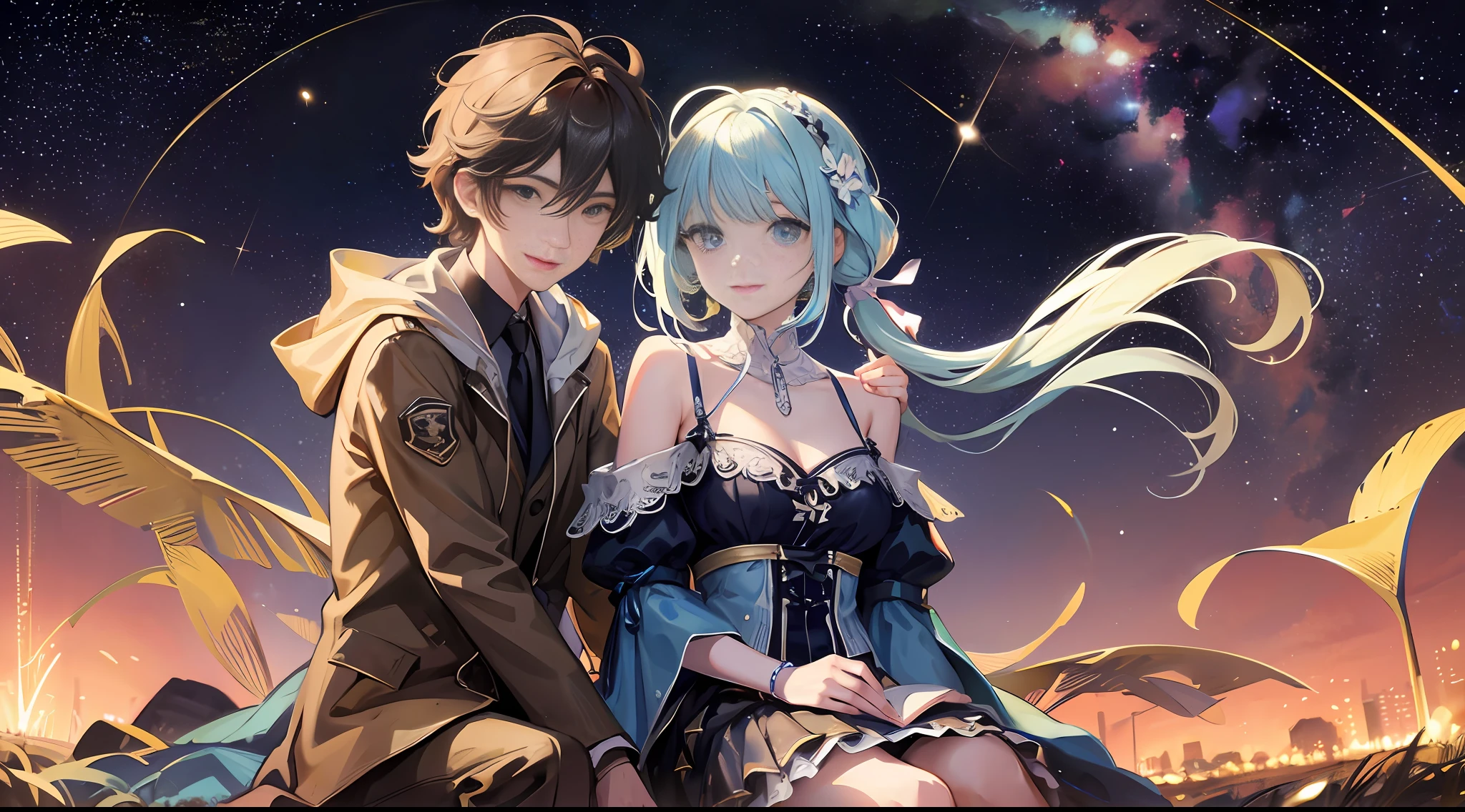 smiling, Meteor shower in a starry sky, a couple sitting together looking at the stars, masterpiece, best quality, intricate detail, absurdres --auto --s2