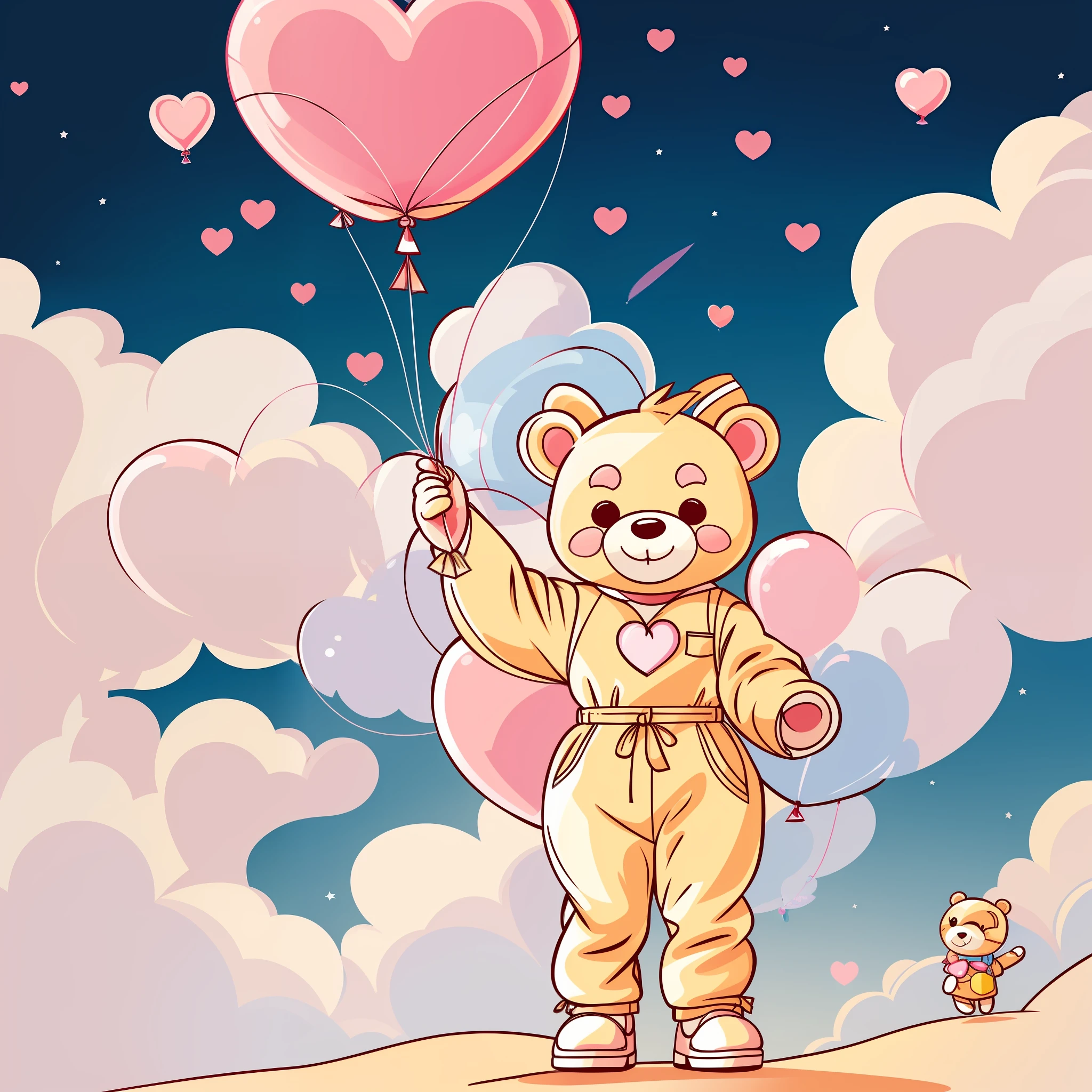 A cute cartoon image for clothes can be a drawing of an adorable teddy bear wearing a colorful jumpsuit and holding a heart-shaped balloon. The bear has big, bright eyes, with a sweet smile on its face. The jumpsuit is decorated with prints of stars and clouds, conveying a sense of joy and fun. The heart-shaped balloon is floating above the bear, adding a romantic touch to the image. The background can be a sunny landscape with a clear blue sky and fluffy clouds, reinforcing the cheerful and charming atmosphere of the scene. This cute cartoon image would be perfect to print on children's clothes, creating a lovely and charming look for the  ones.