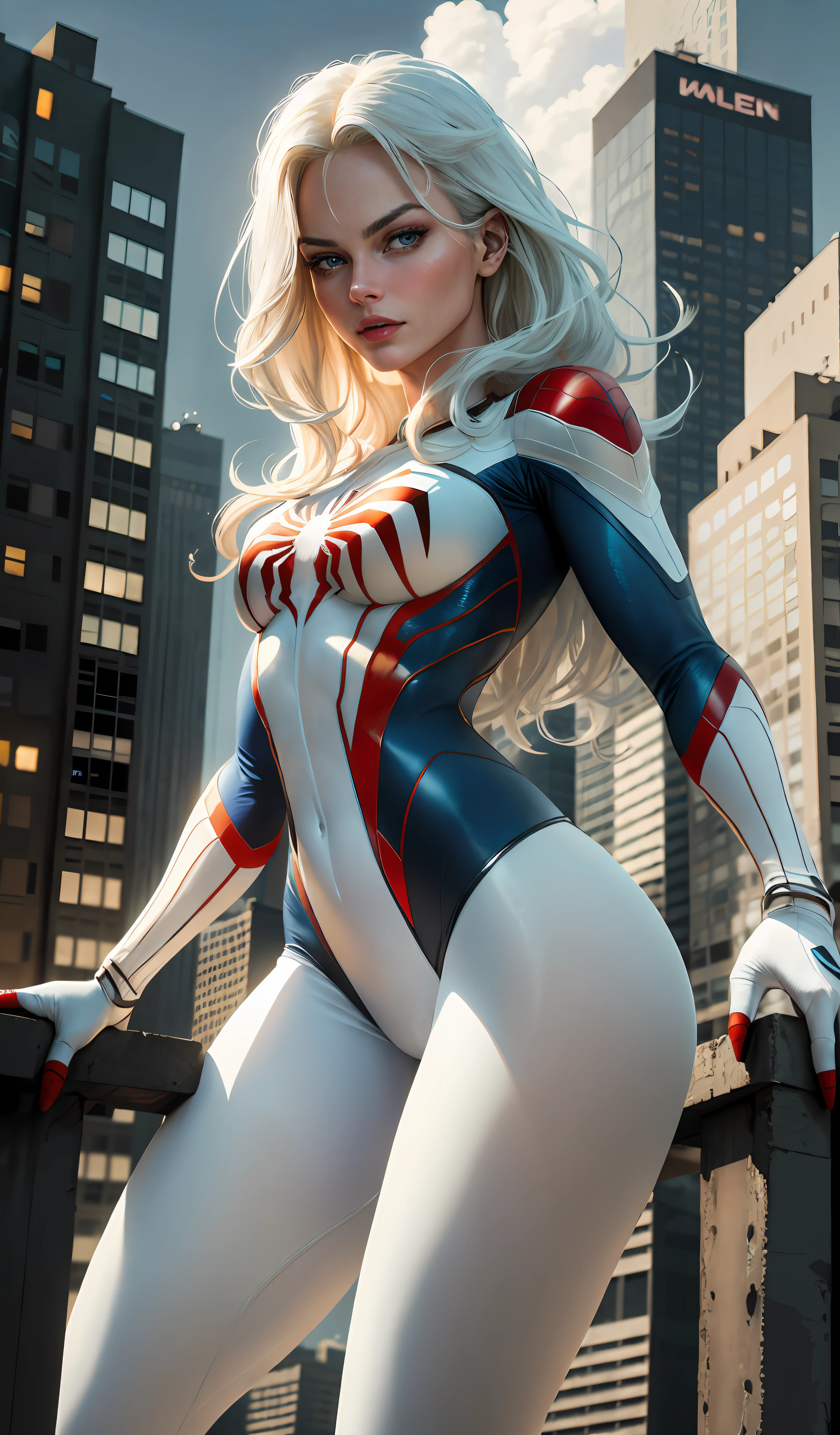 Margot Robbie (Masterpiece, 4k resolution, ultra-realistic, very detailed), (White superhero theme, charismatic, there's a girl at the top of town, wearing Spider-Man costume, she's a superhero), [ (25 years), (long white hair:1.2), full body, (blue eyes:1.2), ((Spider-Man pose),show of strength, jumping from one building to another), ((sandy urban environment):0.8)| (cityscape, at night, dynamic lights), (full moon))] # Explanation: The Prompt mainly describes a 4K painting of ultra-high definition, very realistic, very detailed. It shows a superheroine at the top of the city, wearing a Spider-Man costume. The theme in the painting is a white superhero theme, the female protagonist has long white hair, is 25 years old and her entire body is shown in the painting. In terms of portraying the actions of superheroines, spiders are employed