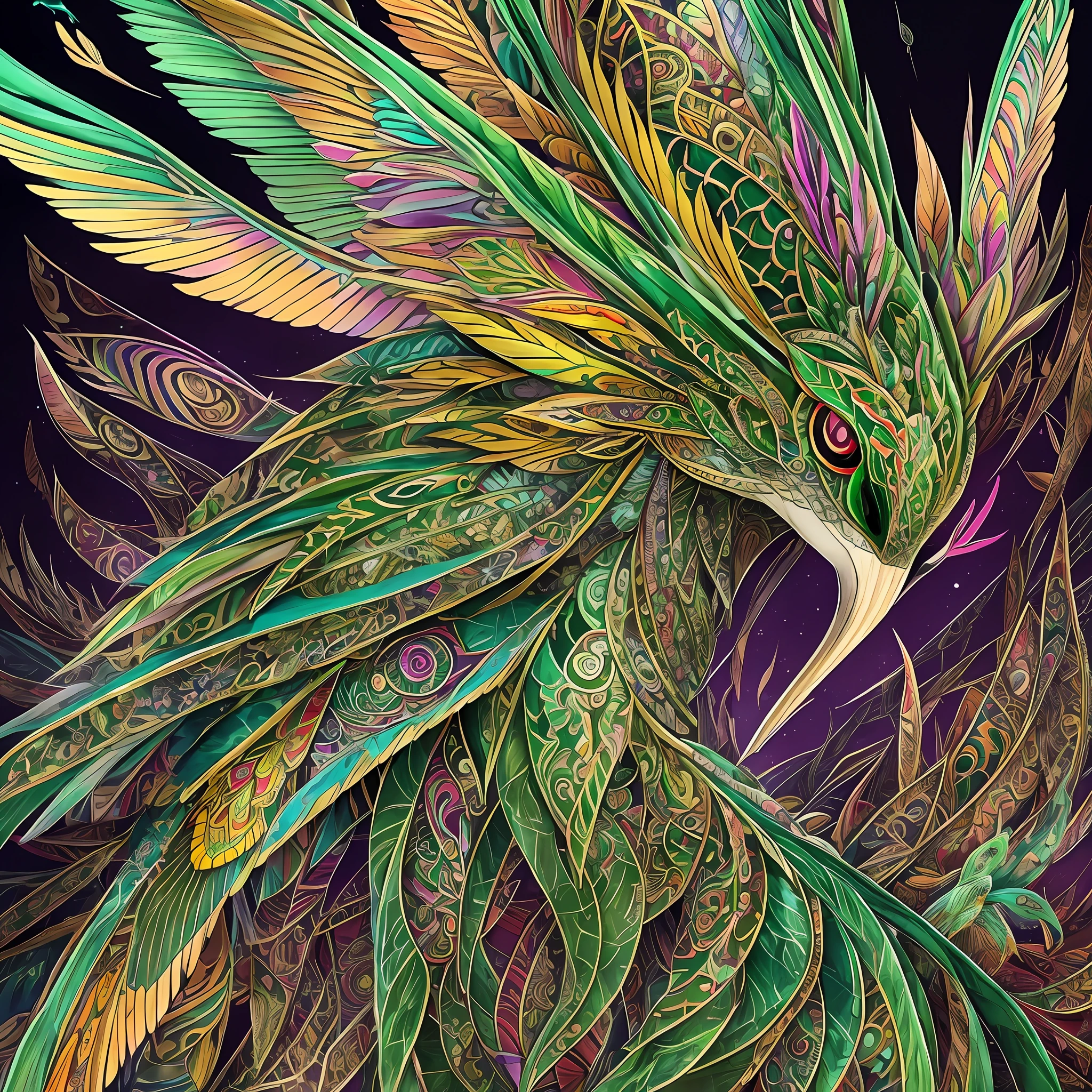 In this tattoo design, create a surreal creature that fuses the features of a hummingbird, a snake, and a cactus, with intricate details such as iridescent feathers, vibrant green scales with spines, and delicate flower blooms growing from the creature's prickly body, set against a dark and moody background with hints of sunset hues, to create a mesmerizing and unforgettable image. --auto --s2