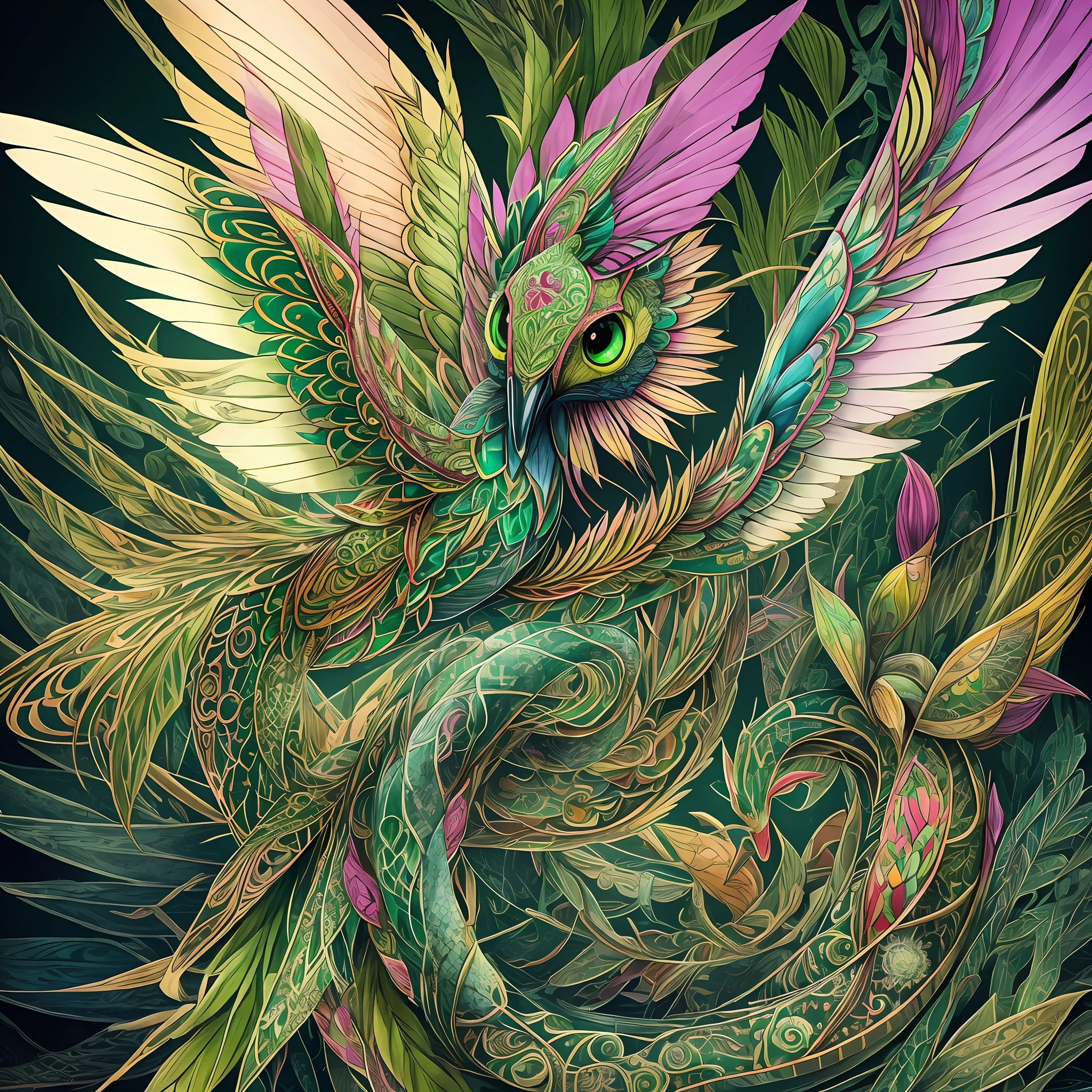 In this tattoo design, create a surreal creature that fuses the features of a hummingbird, a snake, and a cactus, with intricate details such as iridescent feathers, vibrant green scales with spines, and delicate flower blooms growing from the creature's prickly body, set against a dark and moody background with hints of sunset hues, to create a mesmerizing and unforgettable image. --auto --s2