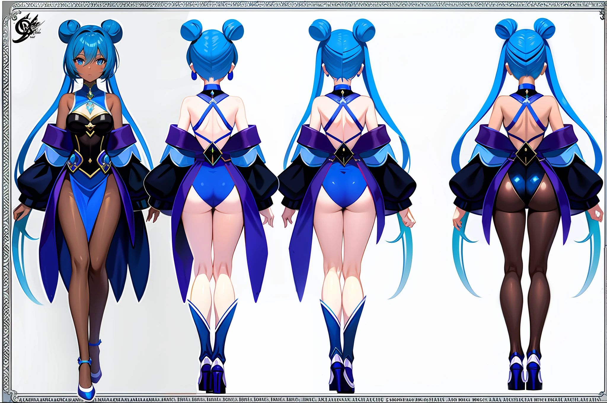 Blue magical girl unique hair medium sized breasts cool one side of head full body dark skin full body concept art with hair in buns full body anime concept art character sheet dark skin