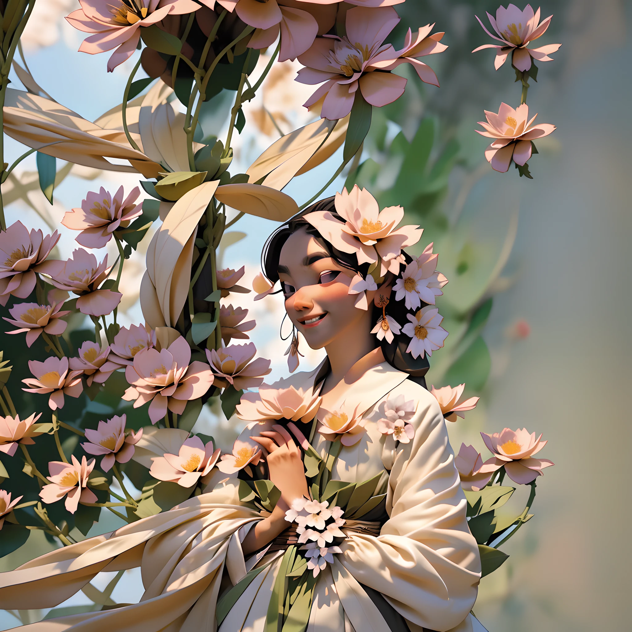 In a fragrant garden, the blind woman is standing with her arms outstretched, gently touching the petals of the flowers she finds. Her fingers explore the delicate texture of the petals, while her face lights up with a smile of gratitude. She feels the gentle breeze caress her skin, while the scent of the flowers fills her senses. She connects with nature in an intimate and deep way, finding beauty and inspiration in every detail despite the absence of vision.