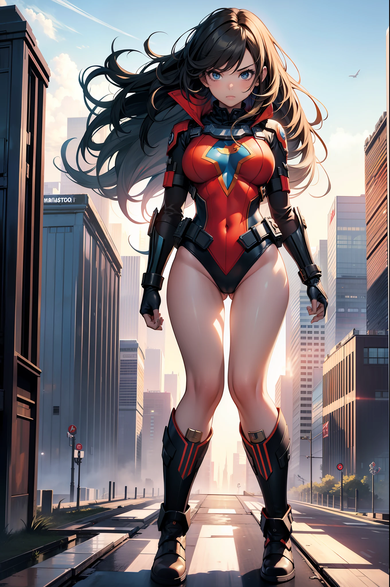 ((masterpiece)), ((best quality)) ((highres)), 1girl, solo, superhero, leotard, ???? legs, matching boots, (dynamic heroic pose), city backdrop,