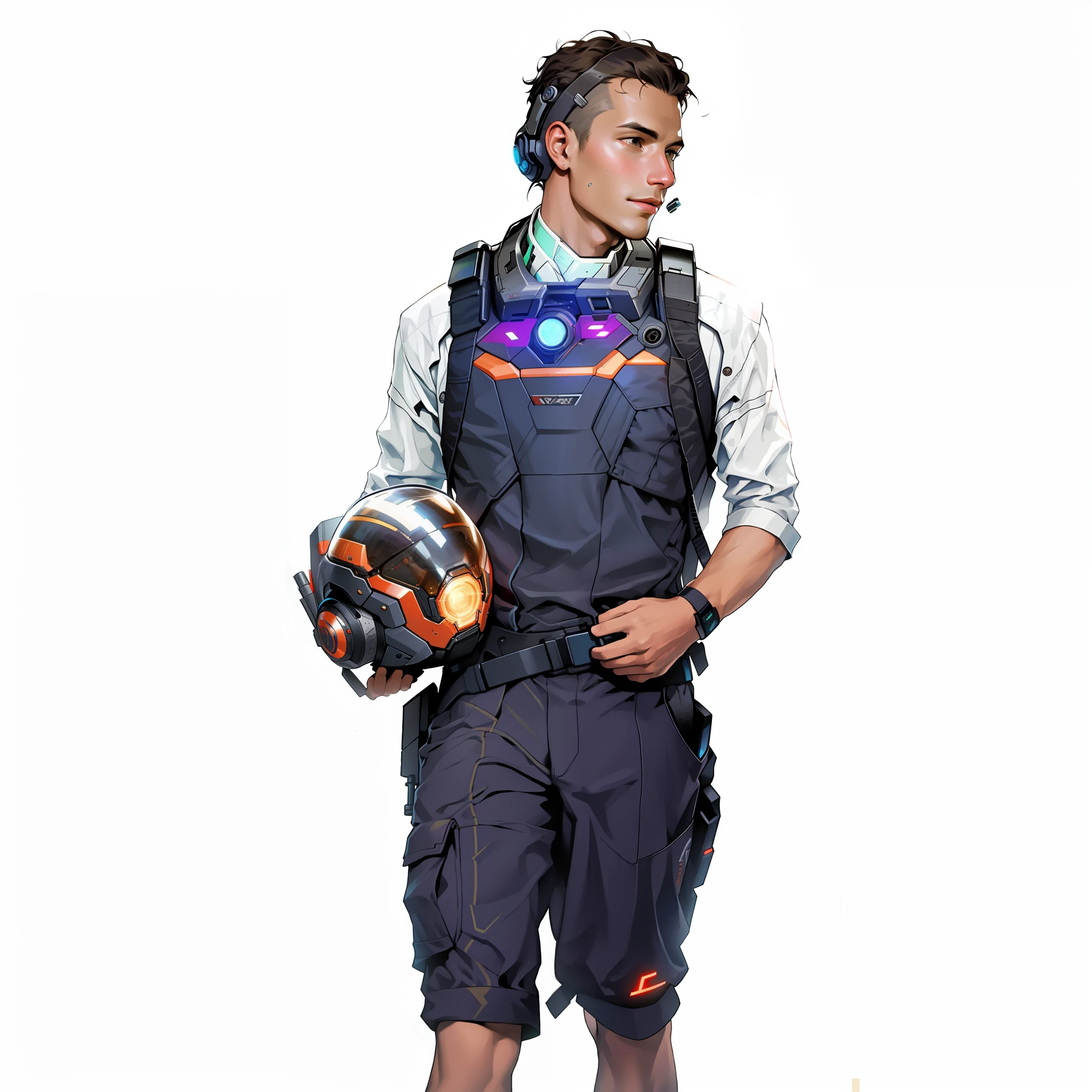 masterpiece, best quality, realistic, ultra detailed, sfw, head shot, a portrait of a young man, starsector, sci-fi style suits, hight-tech gadgets, head facing right,
