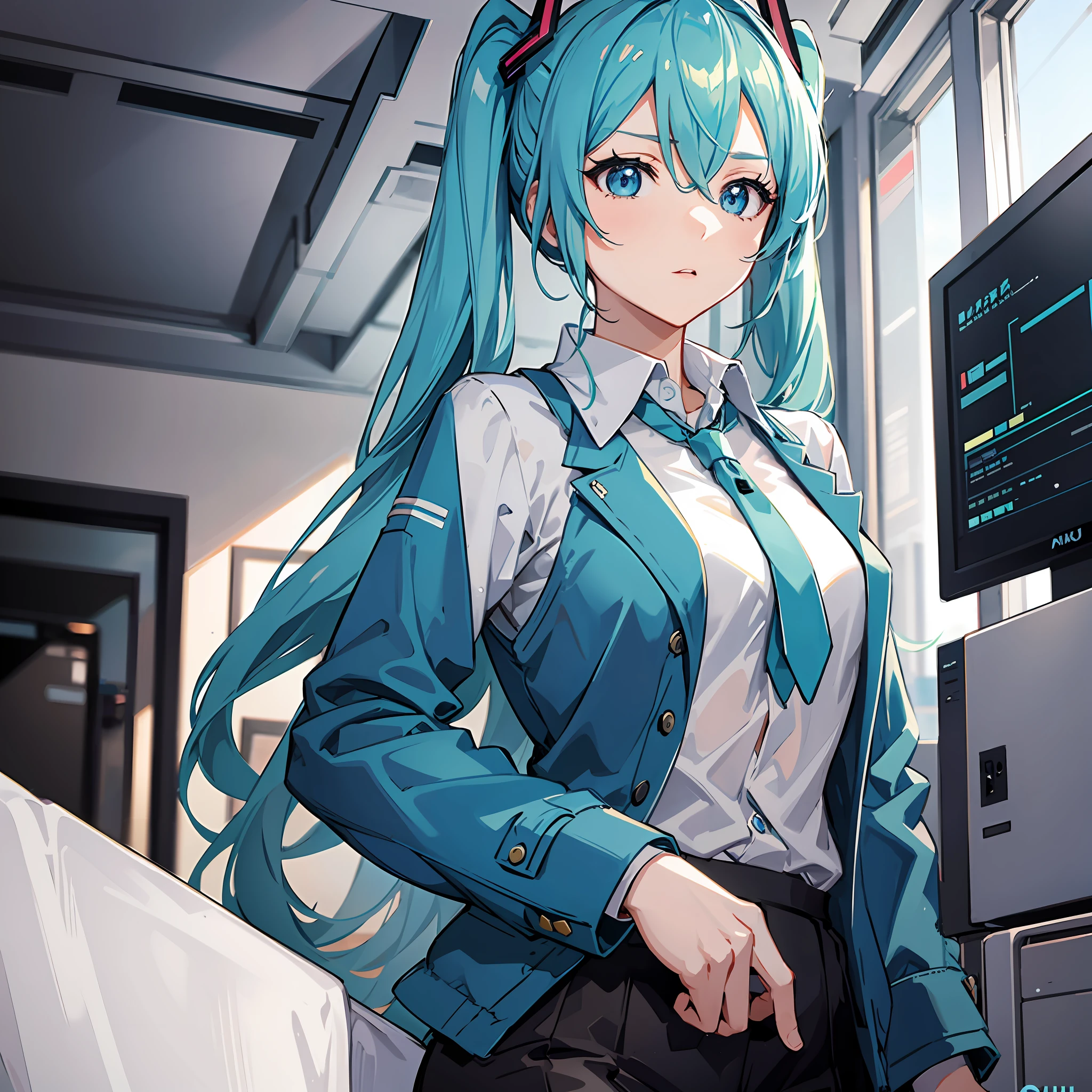 Hatsune miku, blue hair, blue suit, dynamic pose, looking forward, tough, serious, blue eyes, Inside a chief office.