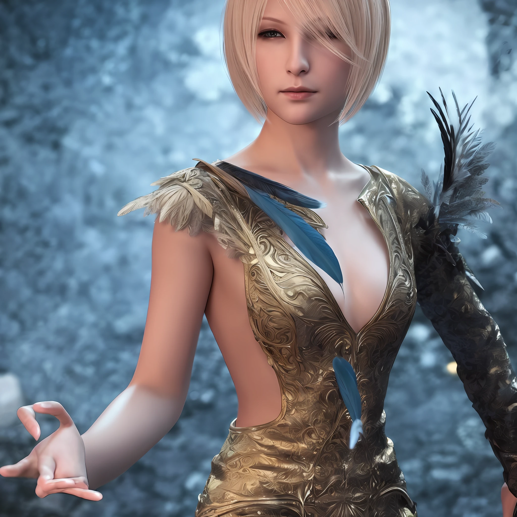 Benedikta Harman, woman in her twenties, blonde, short hair, facing viewer, upper body, feather dress, attractive, final fantasy, rich background, masterpiece, illustration, 3d, render, dark lighting,