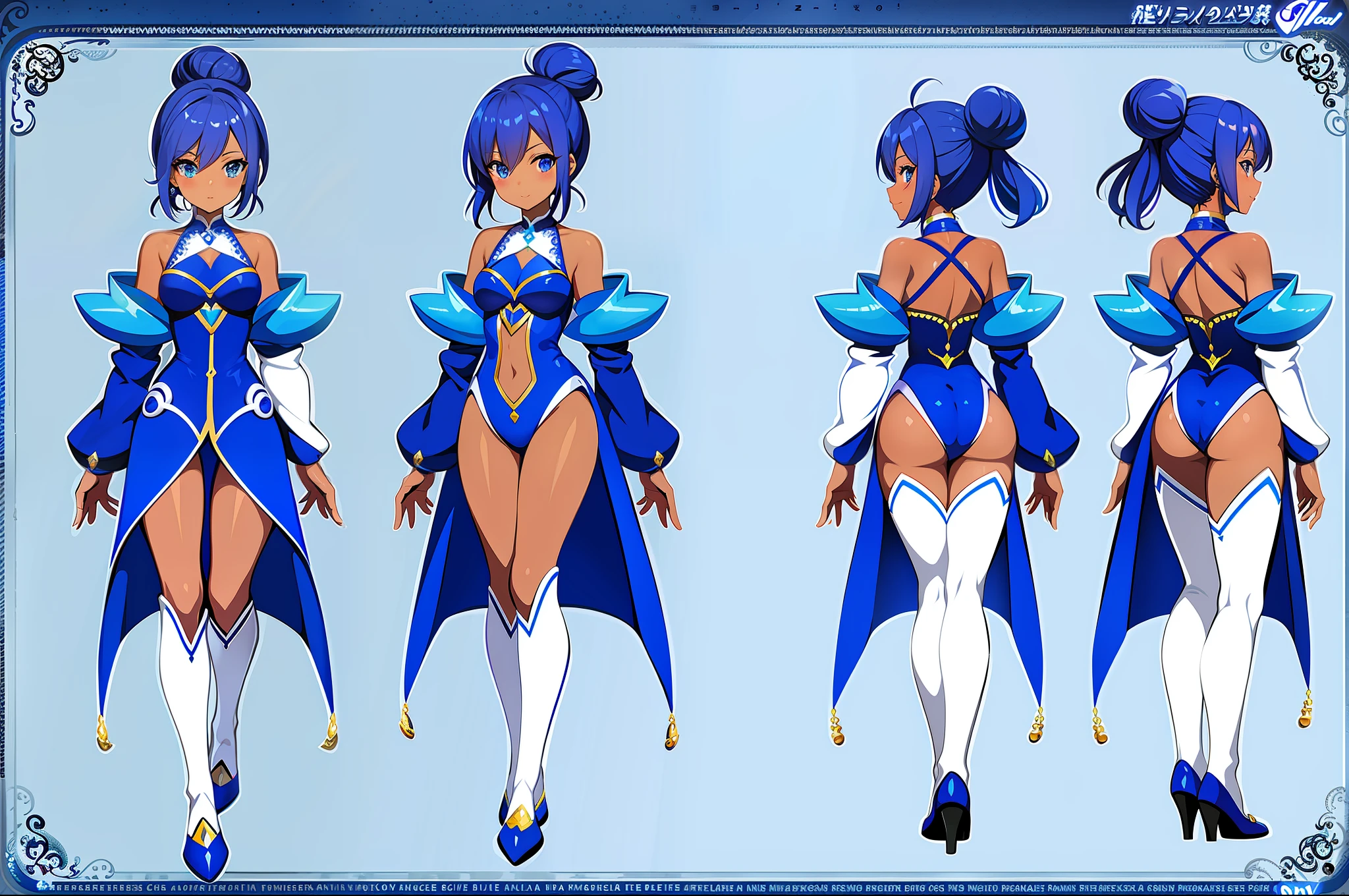Blue magical girl unique hair medium sized breasts cool one side of head full body dark skin full body concept art with hair in buns full body anime concept art character sheet mature