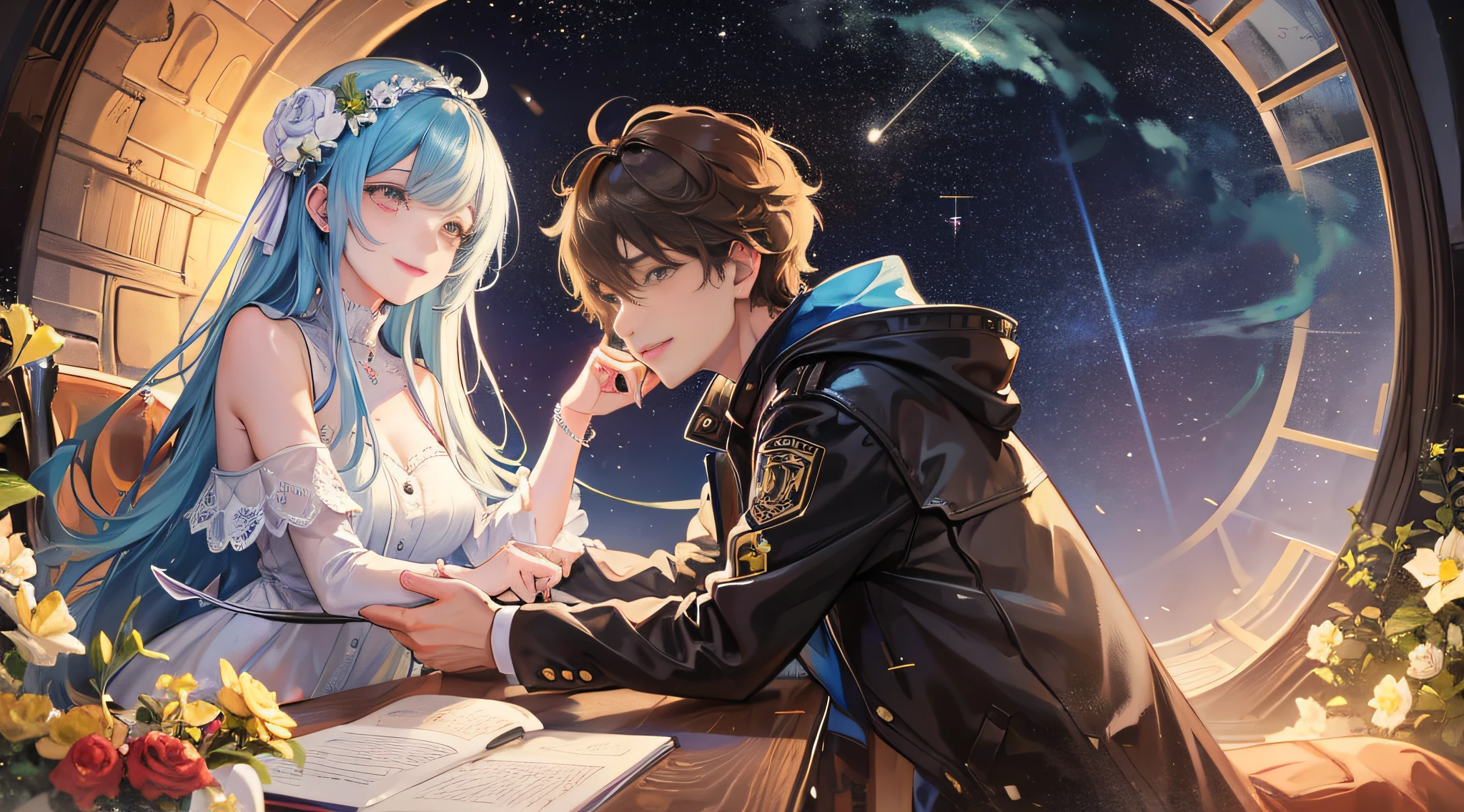 smiling, Meteor shower in a starry sky, a couple sitting together looking at the stars, masterpiece, best quality, intricate detail, absurdres --auto --s2