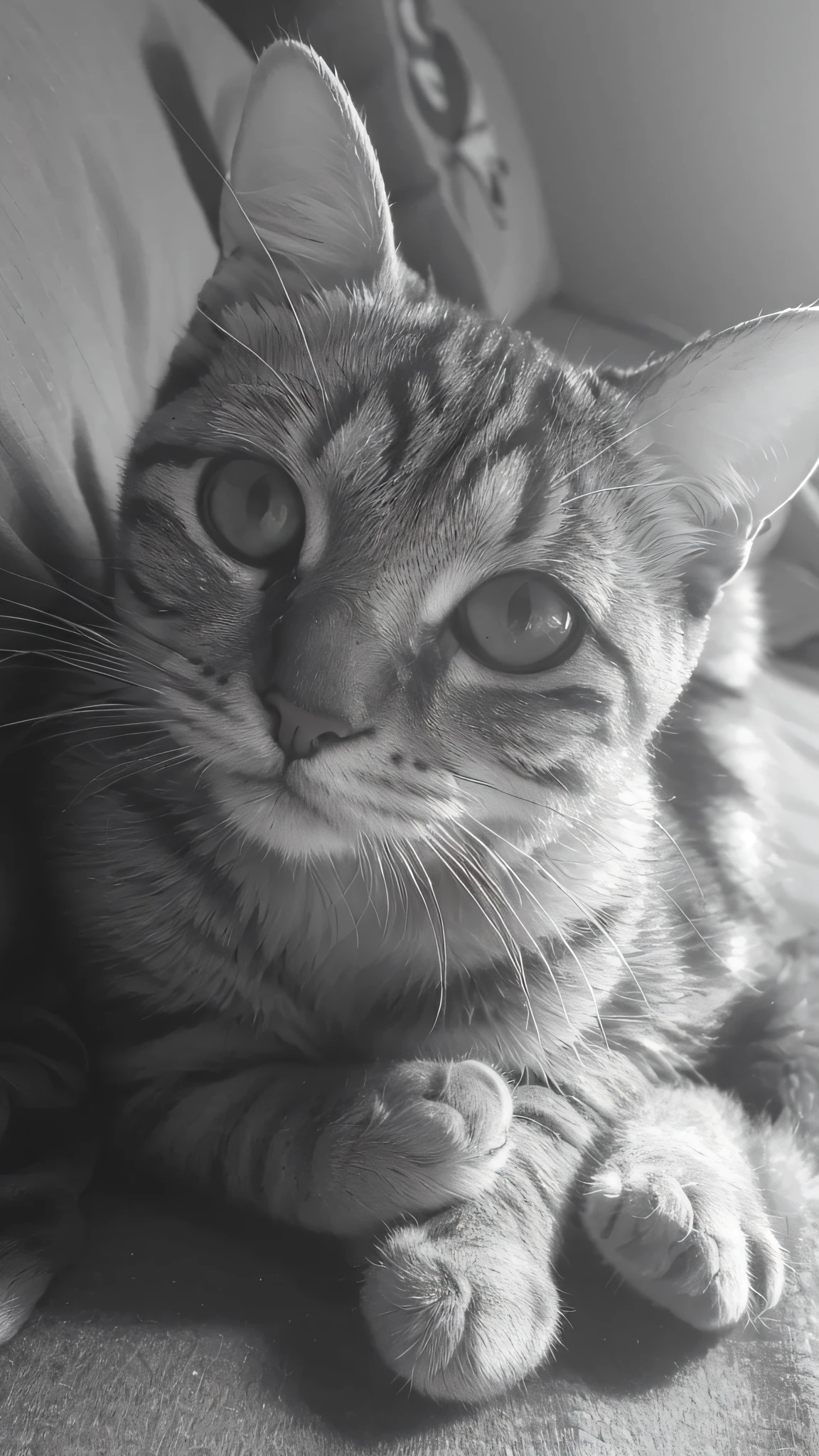 arafed cat laying on a couch with its paw on the pillow, black and white picture, glaring at the camera, photo of a cat, looking towards the camera, lovingly looking at camera, photograph of april, b&w photo, cat photo, looking to camera, looking up at camera, looking up at the camera, whiskers, looking to the camera --auto --s2