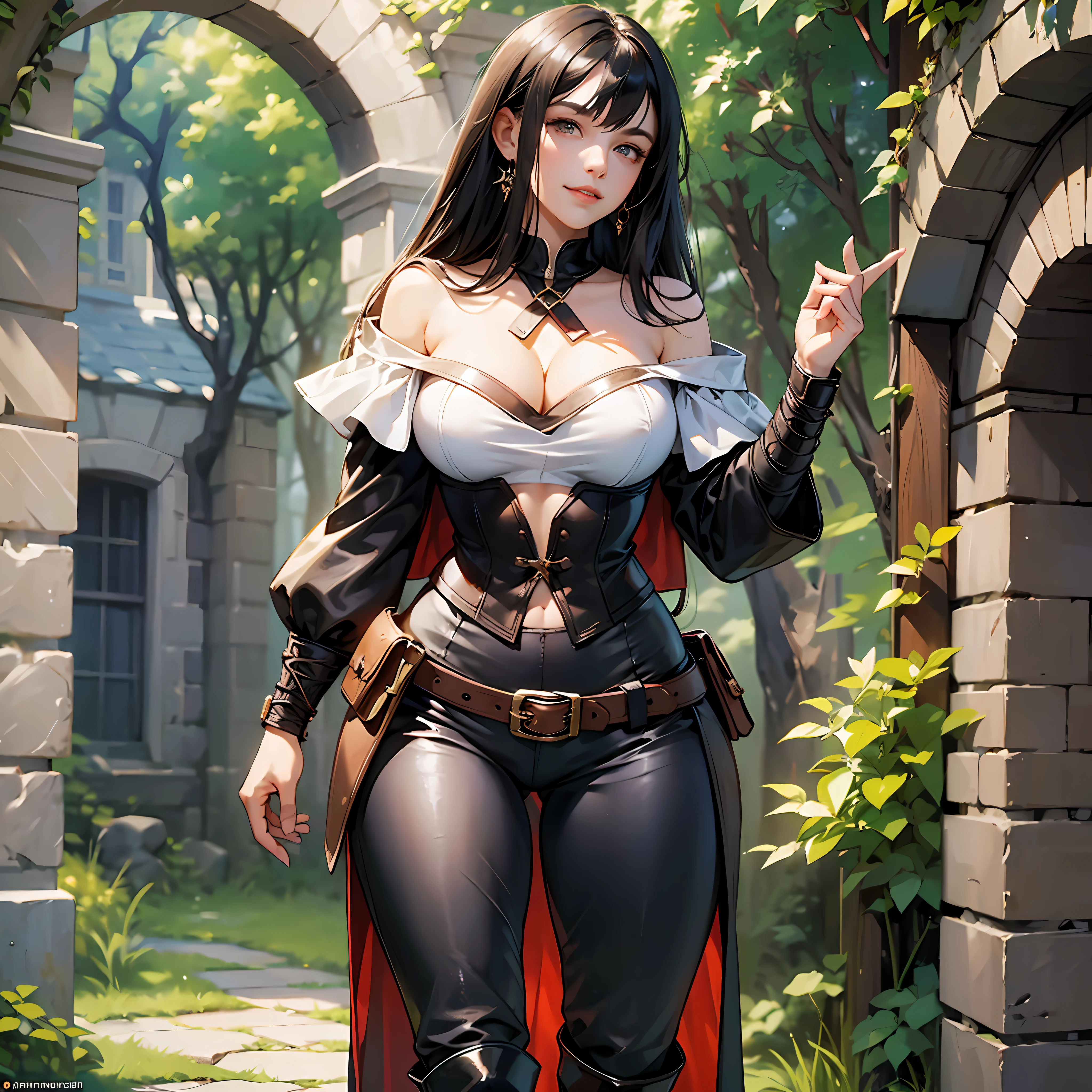 ((masterpiece, best quality)), (1girl, full body),((youthful female)), ravenblack hair,bangs, Red brown eyes ((medieval fantasy adventurer,tight pants,thigh boots,cleavage,off-shoulder top)),slim,Curvy,long legs,thick thighs, wide_hips:1.5, narrow waist, small waist:1.5, slender body:1.2, thick thighs:1.3)[Huge Breasts, Skindentation, (Bursting Breasts:1.2)],((detailed face,high quality eyes)),smile,medieval,village,standing,full body,solo --auto --s2