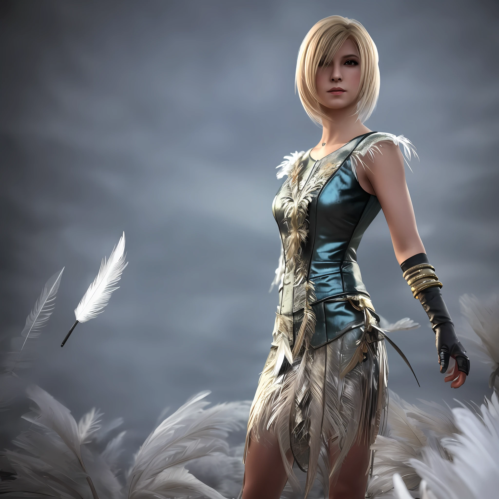 Benedikta Harman, woman in her twenties, blonde, short hair, facing viewer, upper body, feather dress, attractive, final fantasy, rich background, masterpiece, illustration, 3d, render, dark lighting,