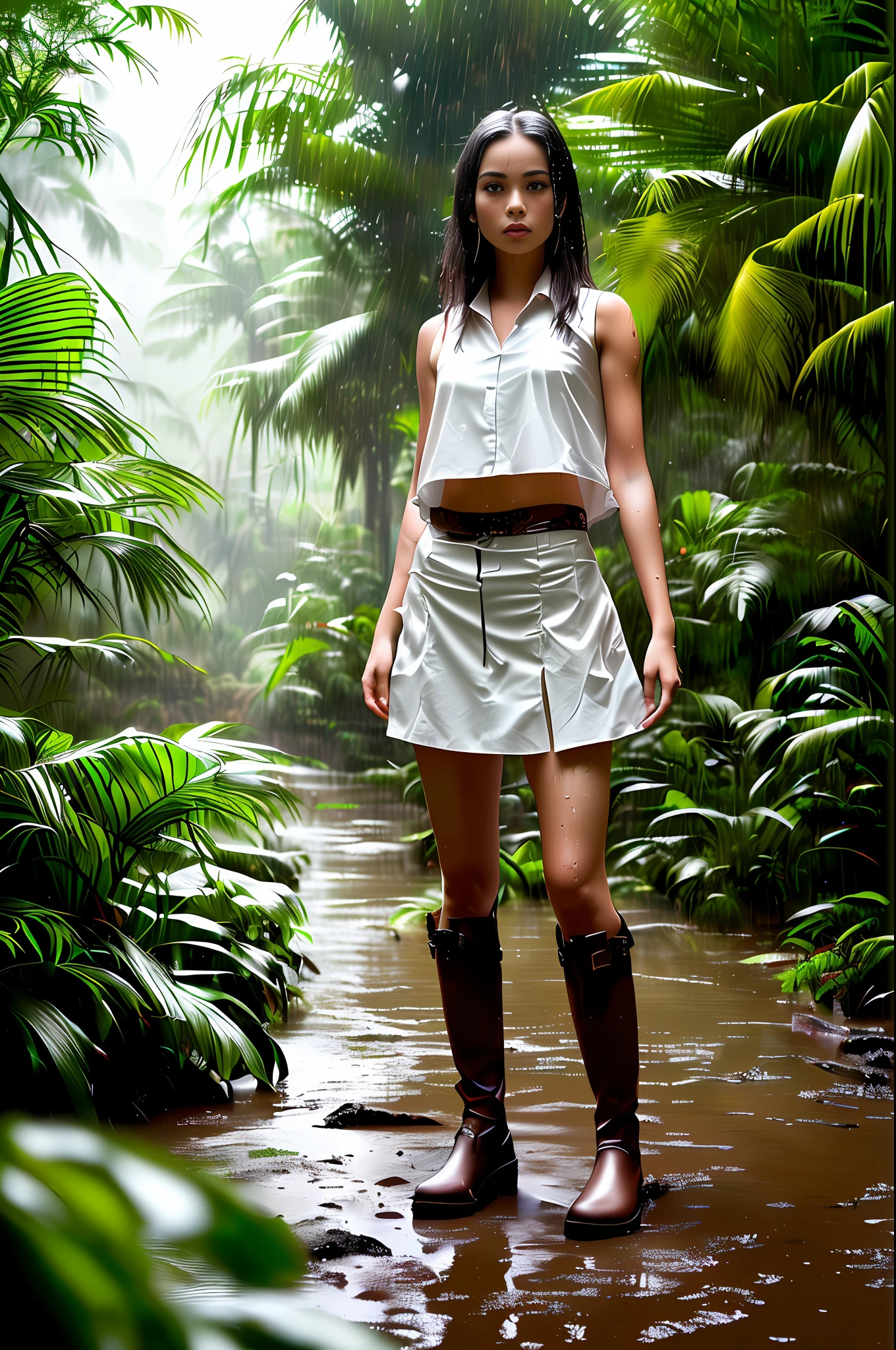 Cute girl, photo taken from a distance, jungle background, detailed, wet mud floor, rainy weather, digital painting, art station, concept art, breathtaking, high detail, very detailed, beautiful, setting shots, hyperrealism, Unreal Engine 5, wet white skirt, fallen pose,