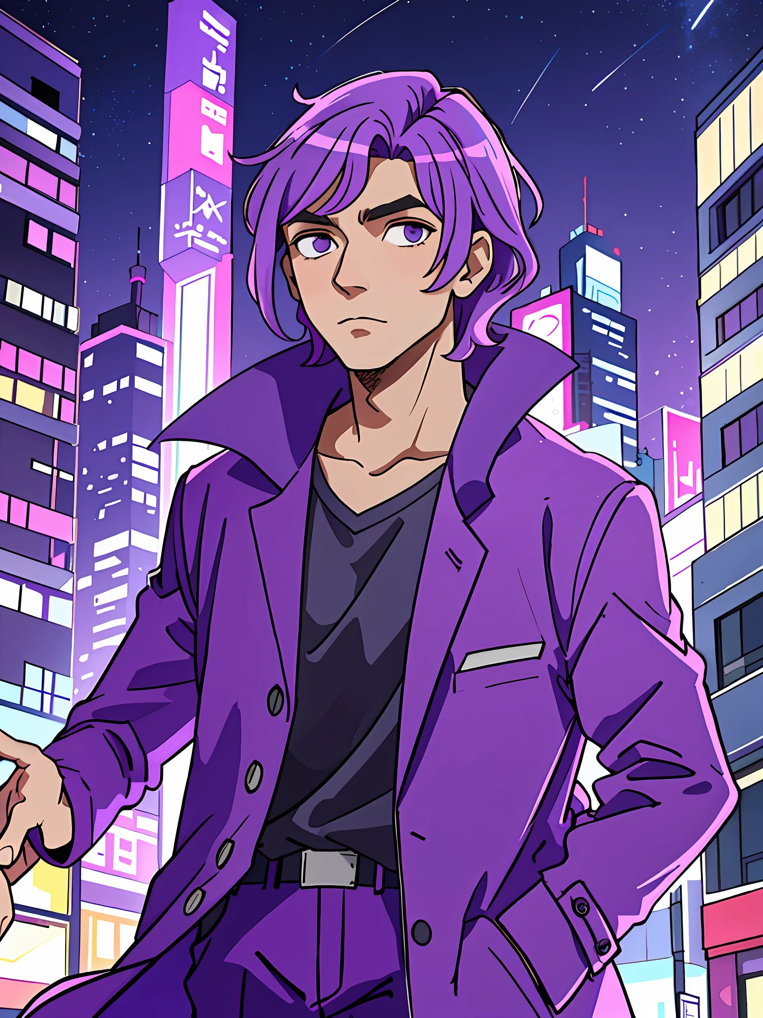 ((masterpiece, best quality)), city background, soft light, short purple hair, a man, purple coat, calm and calm, looking up, mature and handsome