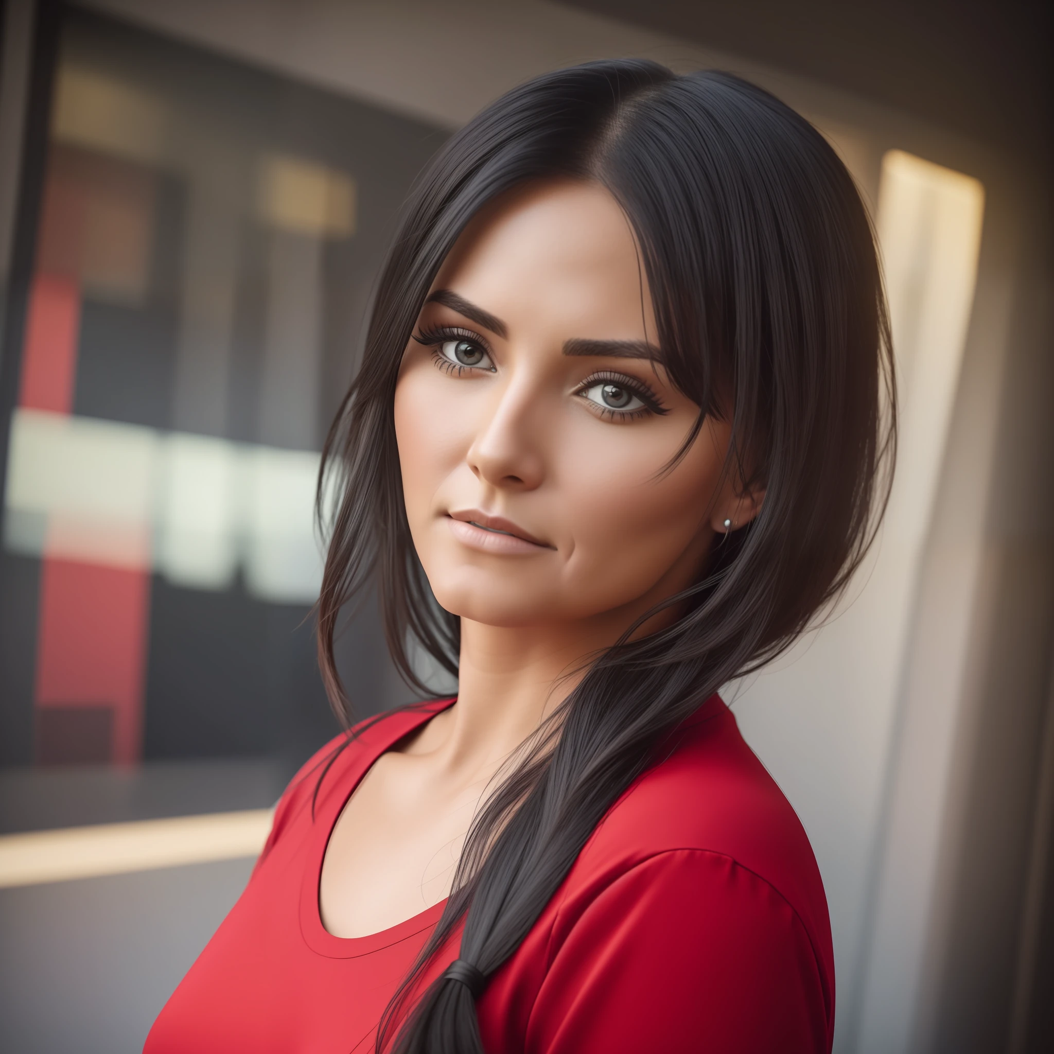Photo of a 40-year-old woman. She's looking straight ahead and in a red shirt. Behind it is the image of a wide window overlooking a square., black hair, makeup, high detail, Realism, cinematic lighting, UHD, high details, high quality, 8k --auto --s2