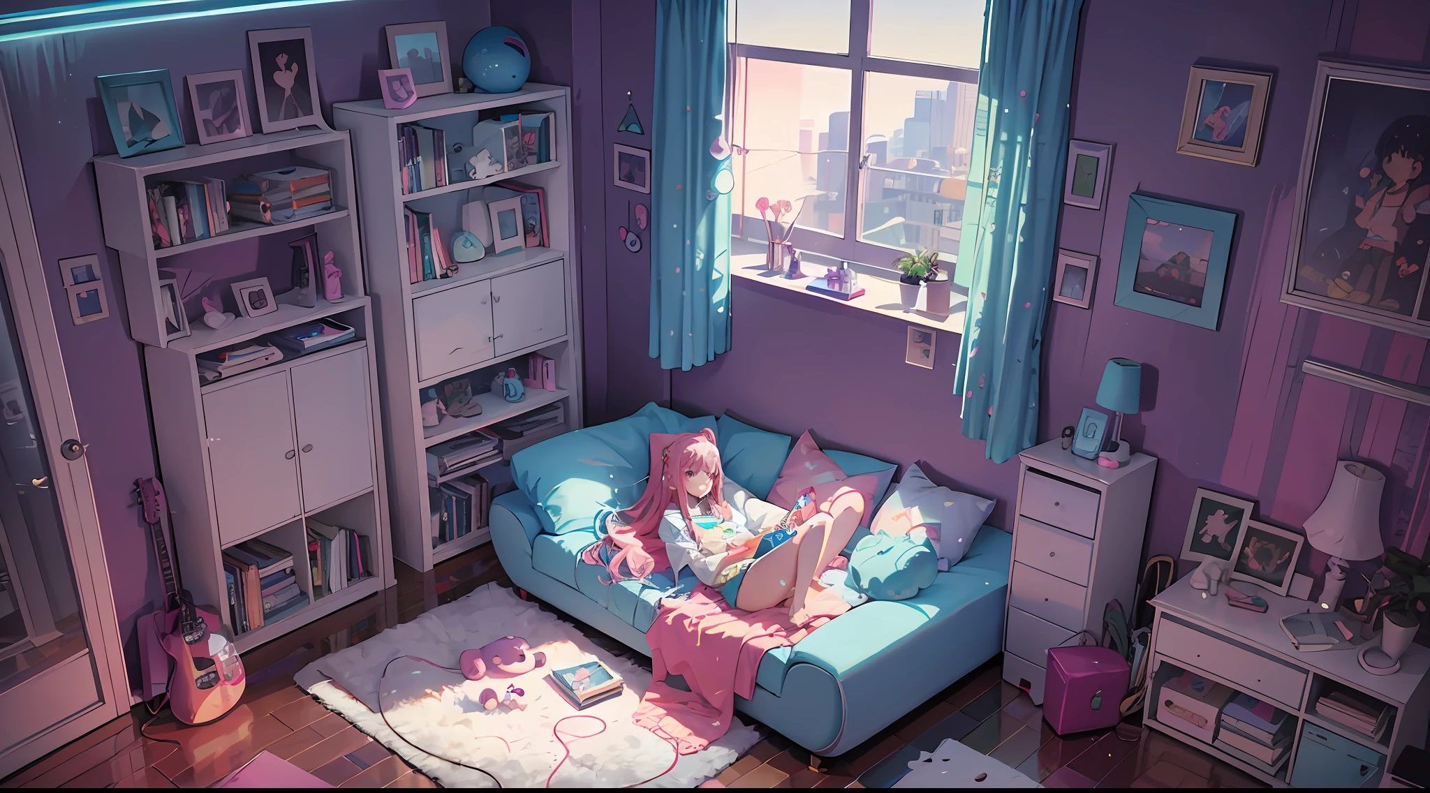 Vintage 90s anime style. Cluttered bedroom interior; Emma studying at the desktop, her dog lying on the rug, tv on, plants in the room, science fiction, colors, neon lights. line art. neon lighting. high definition, full hd, 8k. cinema lighting. --auto --s2