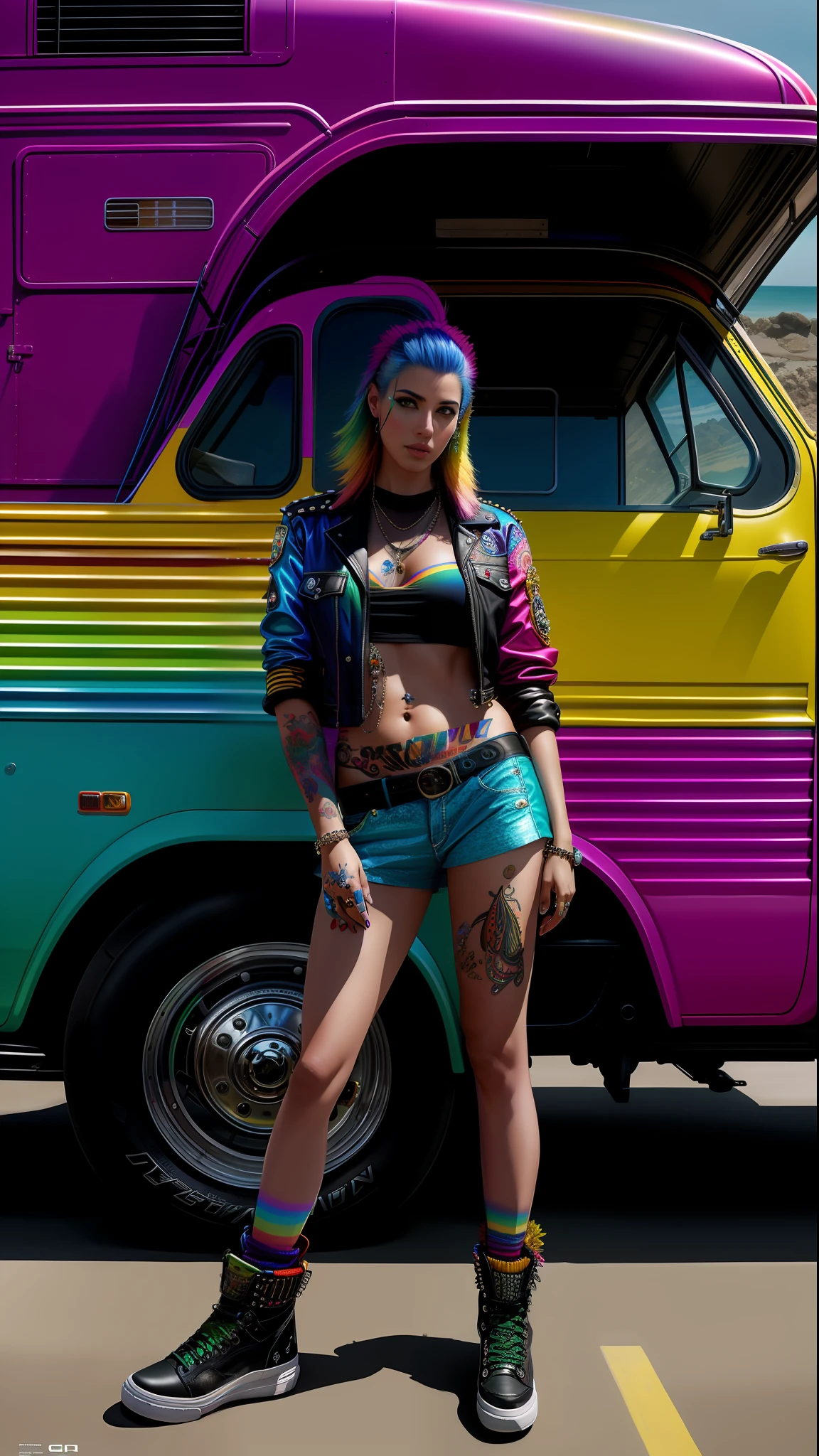 photo of the most beautiful artwork in the world featuring  a modern rainbow punk woman, leaning against a van on a California beach, trending on ArtStation, CGSociety, Intricate, High Detail, Sharp focus, dramatic, photorealistic painting art by greg Rutkowski