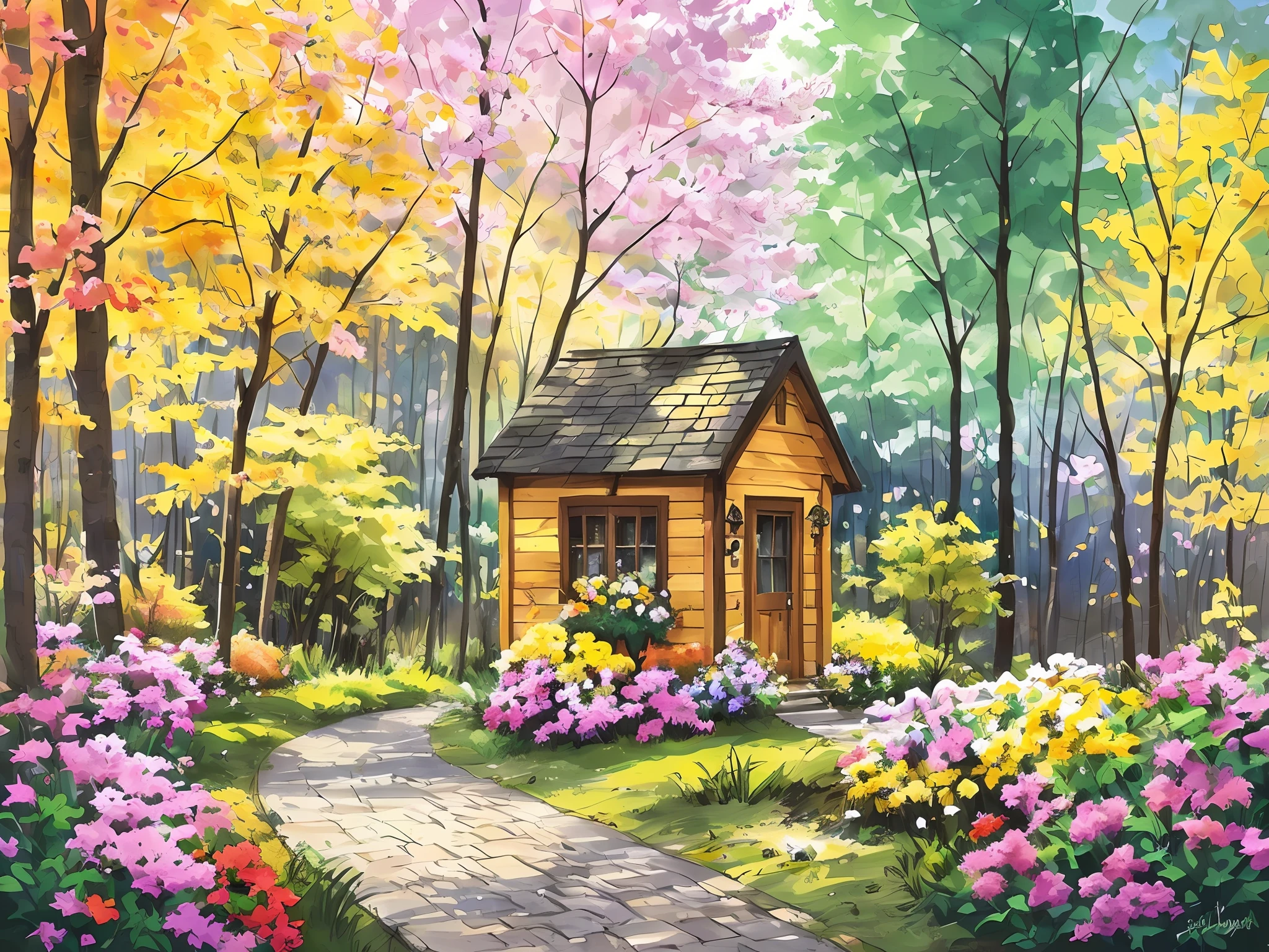 A tiny yellow cabin situated between pink trees where petals fall and lush bushes with a gravel path, abstract ethereal semi - transparent impressive skies, rainbow lighing in the style of Jane Crowther --auto --s2