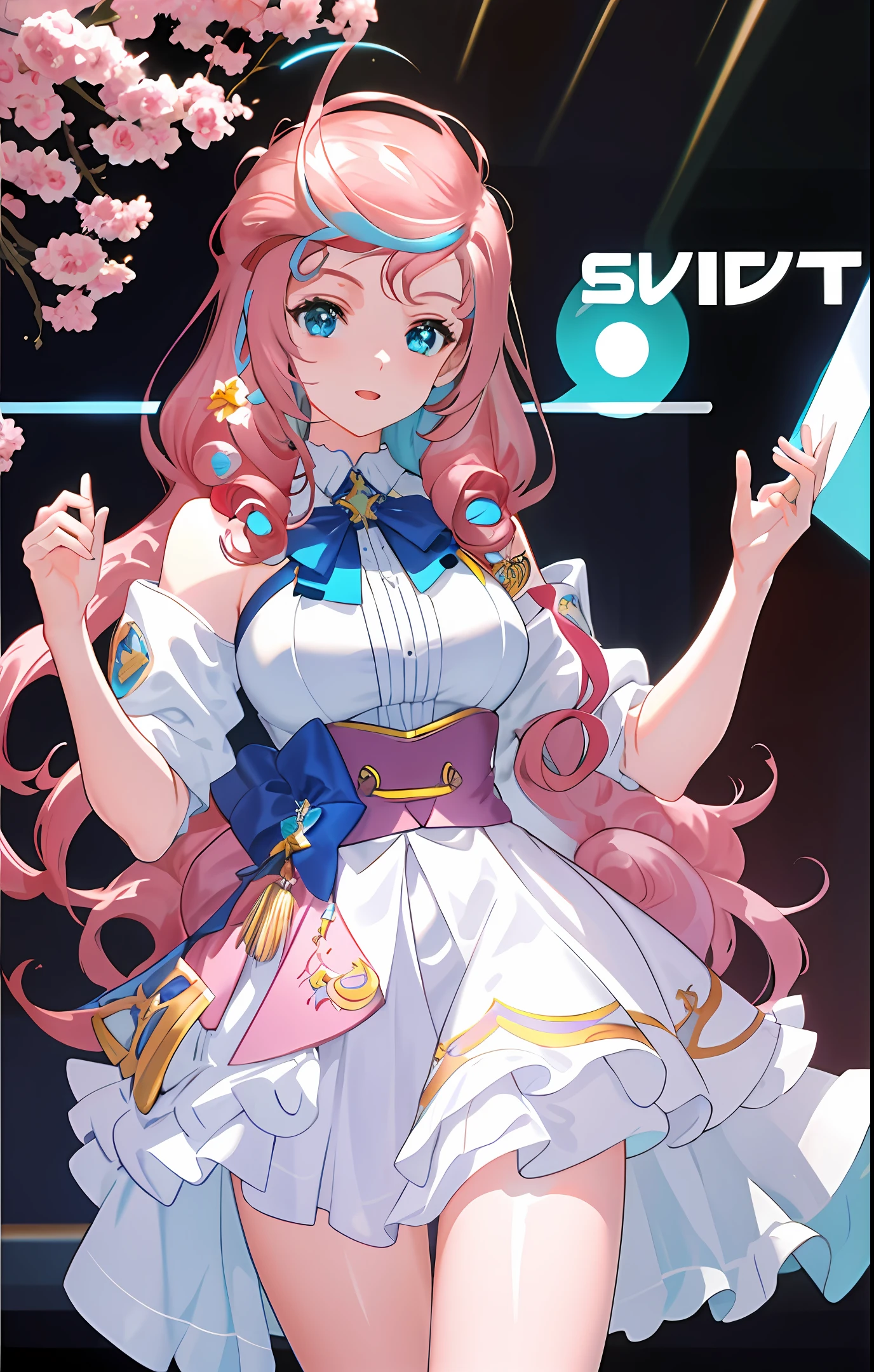 1 Beautiful Girl, (Heterochromia, Blue and Green Eyes: 1.8), Jewel-Like Eyes, (((Masterpiece, Super Detail, Best Quality, 8K, Kyoto Animation Anime Illustration))),(Pale pink hair, braids, long hair, Hair ribbon, Cute Ribbon: 1.8),large breasts, (kawaii:1.5),(illustration:1.1), (Chibi:0.5), Voice Actor,grin,upper body, mole, white shirt, microphone stand, holding book,