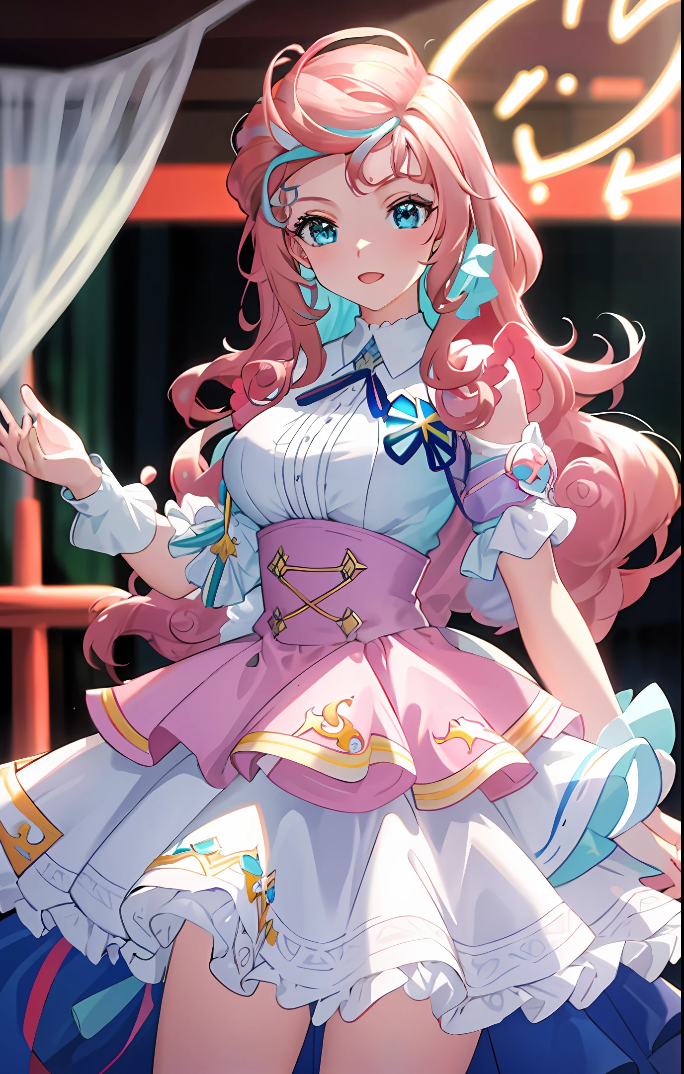 1 Beautiful Girl, (Heterochromia, Blue and Green Eyes: 1.8), Jewel-Like Eyes, (((Masterpiece, Super Detail, Best Quality, 8K, Kyoto Animation Anime Illustration))),(Pale pink hair, braids, long hair, Hair ribbon, Cute Ribbon: 1.8),large breasts, (kawaii:1.5),(illustration:1.1), (Chibi:0.5), Voice Actor,grin,upper body, mole, white shirt, microphone stand, holding book,