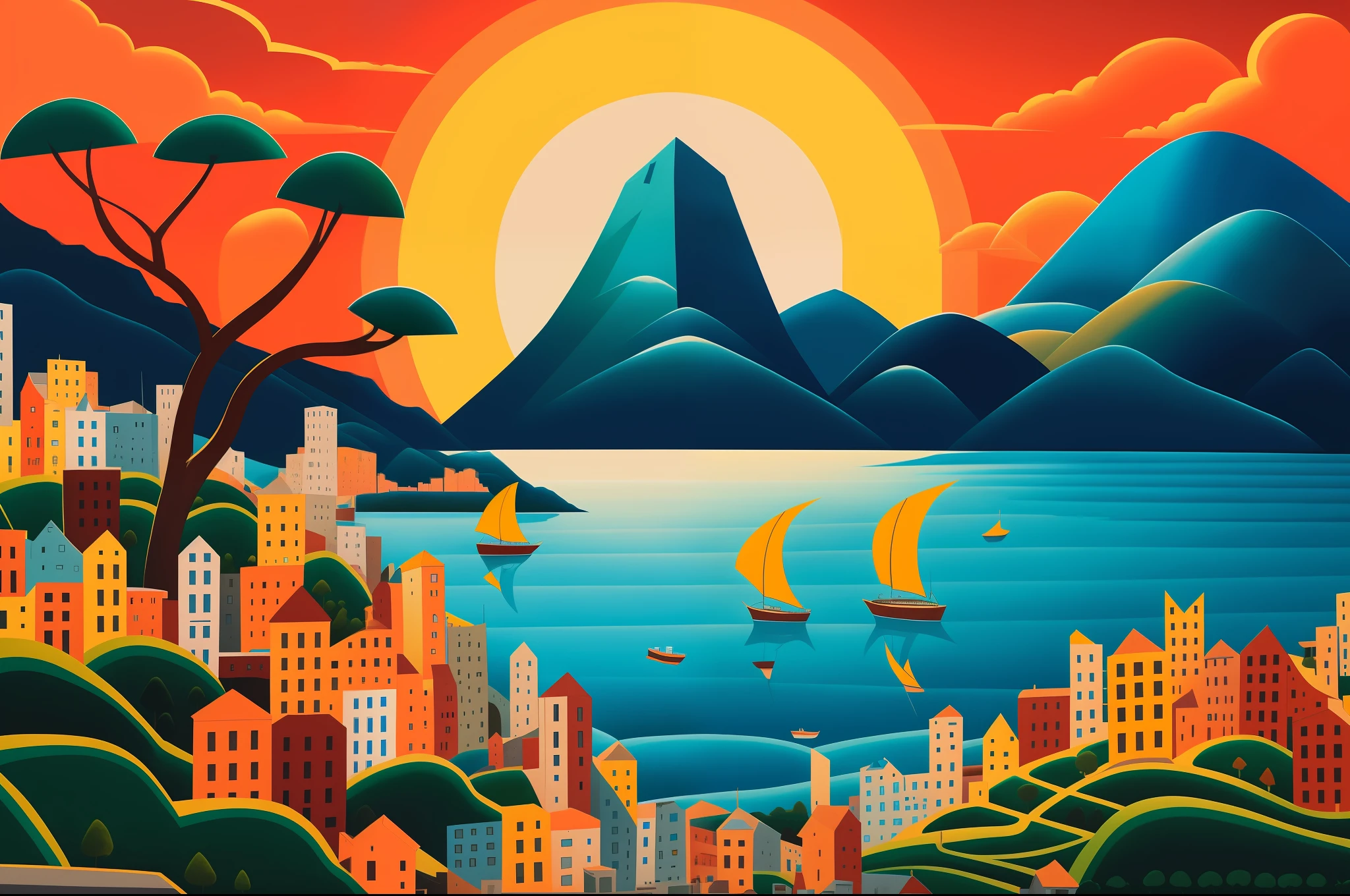 painting of a city with a mountain in the background, by Rodolfo Amoedo, by Justin Gerard, by Jason Benjamin, laurent durieux, by Bernard Accama, by Manolo Millares, by Leo Valledor, by Noe Canjura, by Tom Scott RSA, by Francis Souza, by Arturo Rivera, by Fernand Pelez