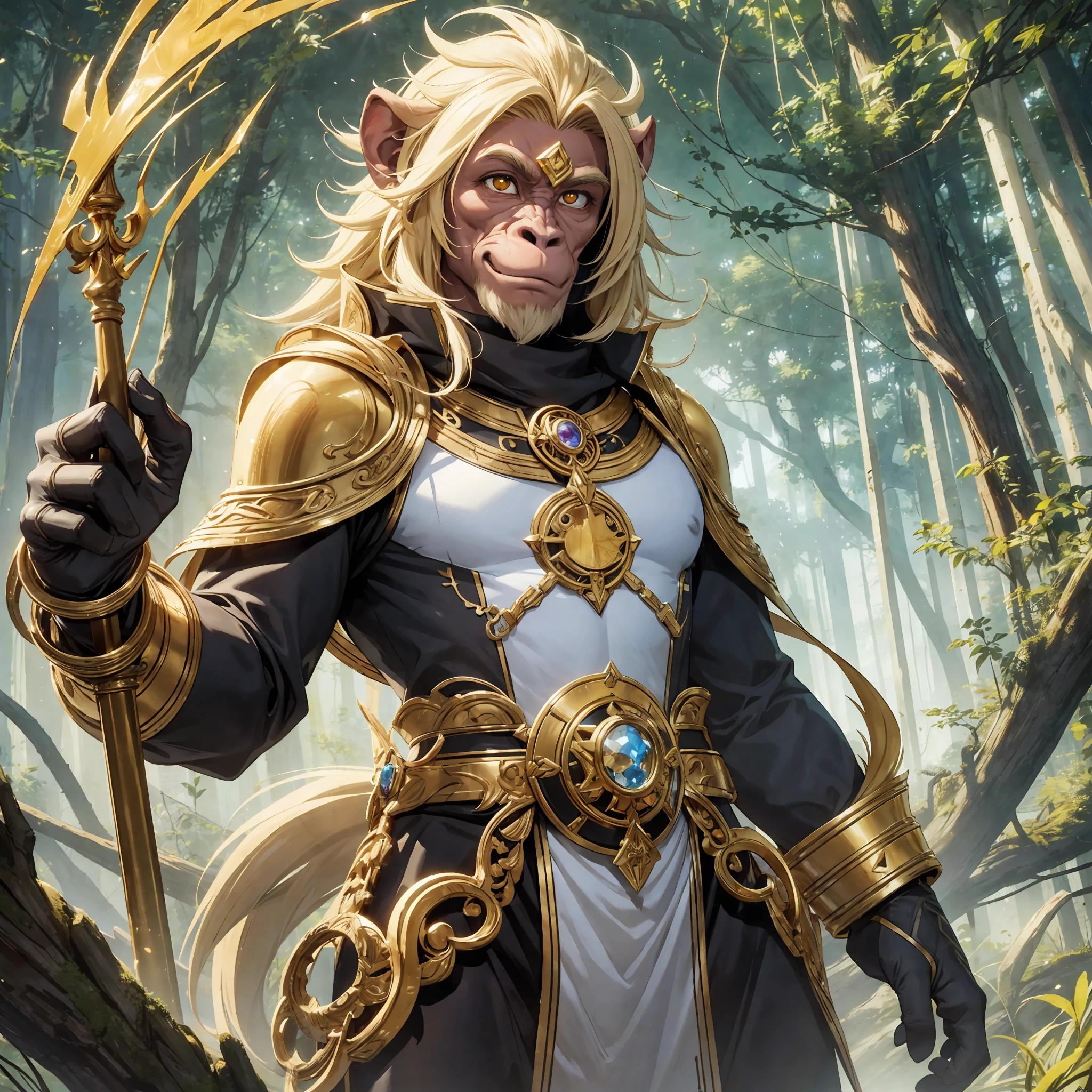 (single), (solo), vanara (anthropomorphic monkey), dnd monk (human face: 0.3, monkey face: 0.1), male, his whole body has a golden pelage, golden mane, simian long tail, charismatic, ((golden pelage)), battle pose, no duplicate, no duplicate eyes, no duplicate head, facing the camera, over_grown, fantasy, fantastic, fullbody, best picture quality, high detail, high quality, ultra high resolution, oc rendering, 8K resolution, unreal engine, realistic anthropomorphism --auto --s2