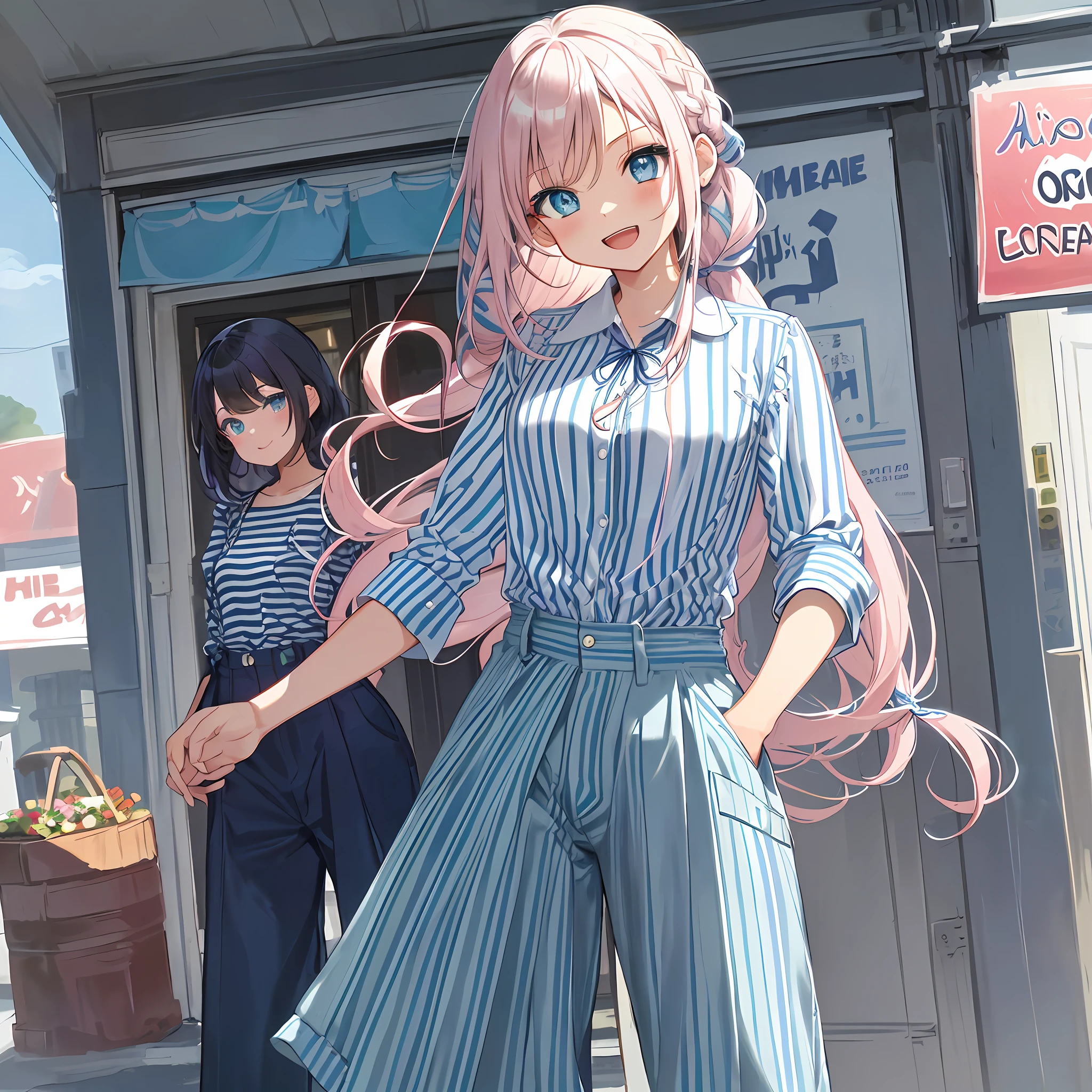 (Heterochromia, Blue and Green Eyes: 1.8), Shining Eyes, (Chibi: 1.8), (Caregiver, Cute Girl One, Solo, Standing, Watch Viewer, Full Body, Front, Cute Open Mouth, Makeup, Cute, Happy Smile :1.3), (: 1.2), (cute: 1.5), (blue and white striped shirt and tanned pants, striped shirt, big trousers, advertising images, graphic prints, loose blouse:1.5), (footwear: sneakers), (pale pink hair, braids, Long hair, hair ribbons, cute ribbons: 1.1), thin eyebrows