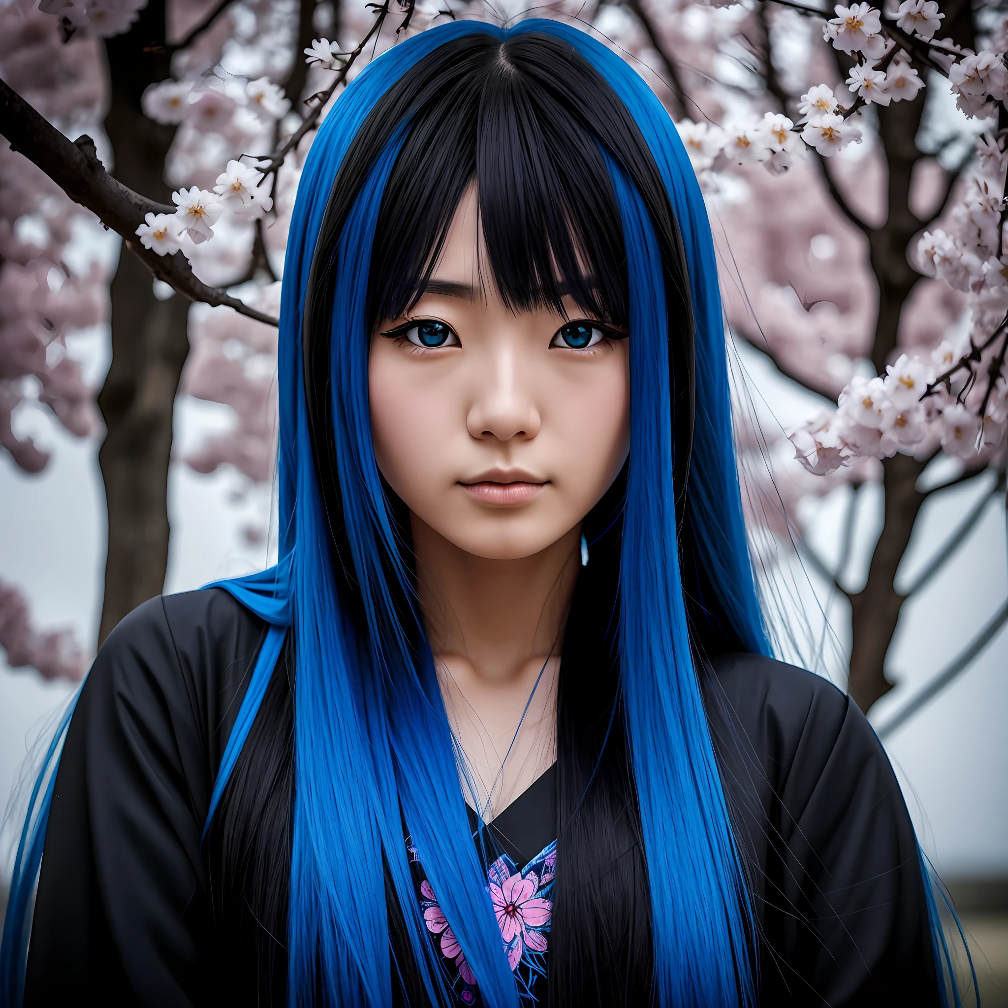 Japanese woman,long hair,blue hair,black clothing,focus on face,blue eye,sakura --auto --s2