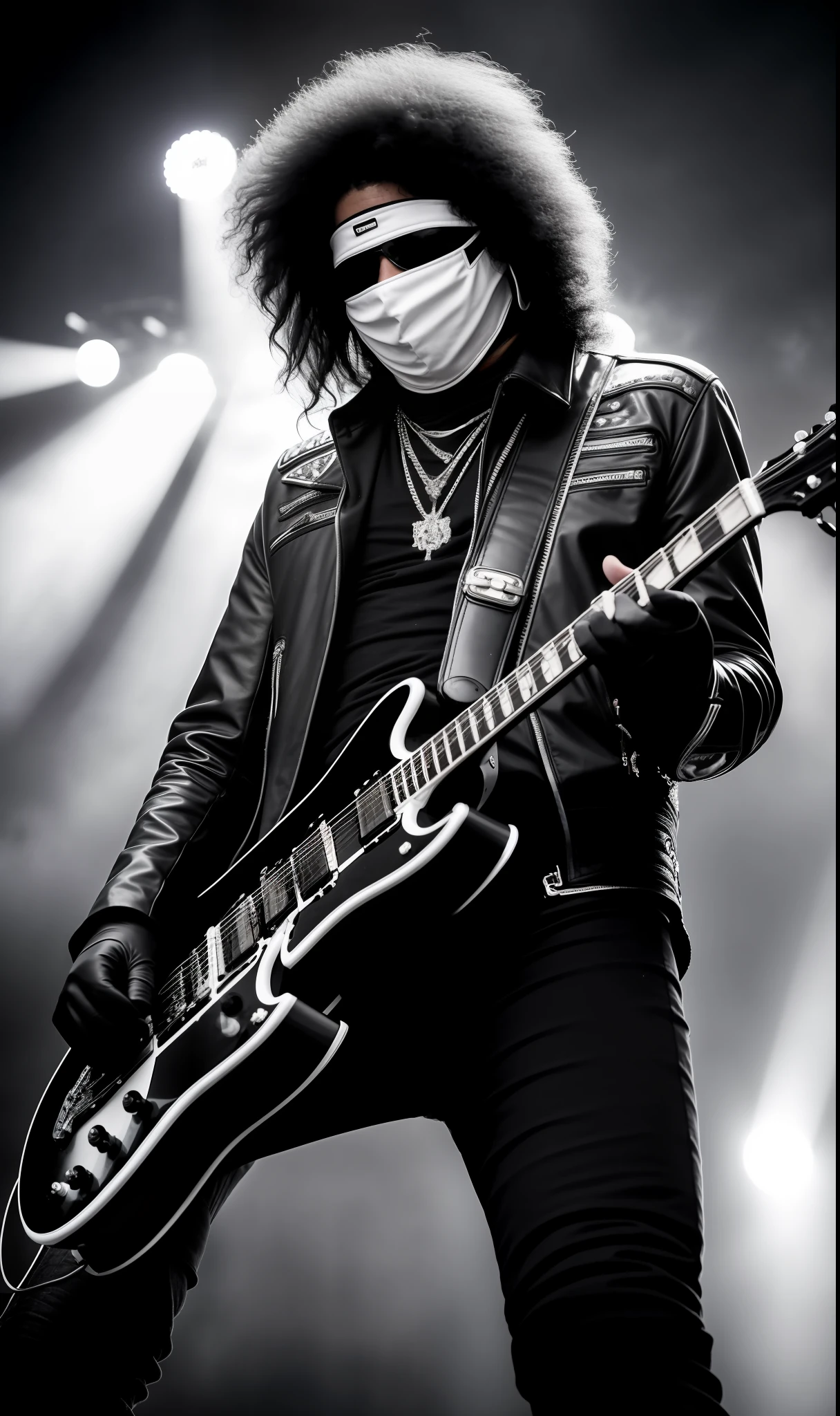 black and white photo of masked guitarist Slash covering everything, without showing face in black neon silver clothes, face, half body, body, highly detailed skin with futuristic details, skin pores, coastline, dark cloudy weather black rays, wind, waves, 8k uhd, Dslr, soft lighting, high quality, film grain, Fujifilm XT3