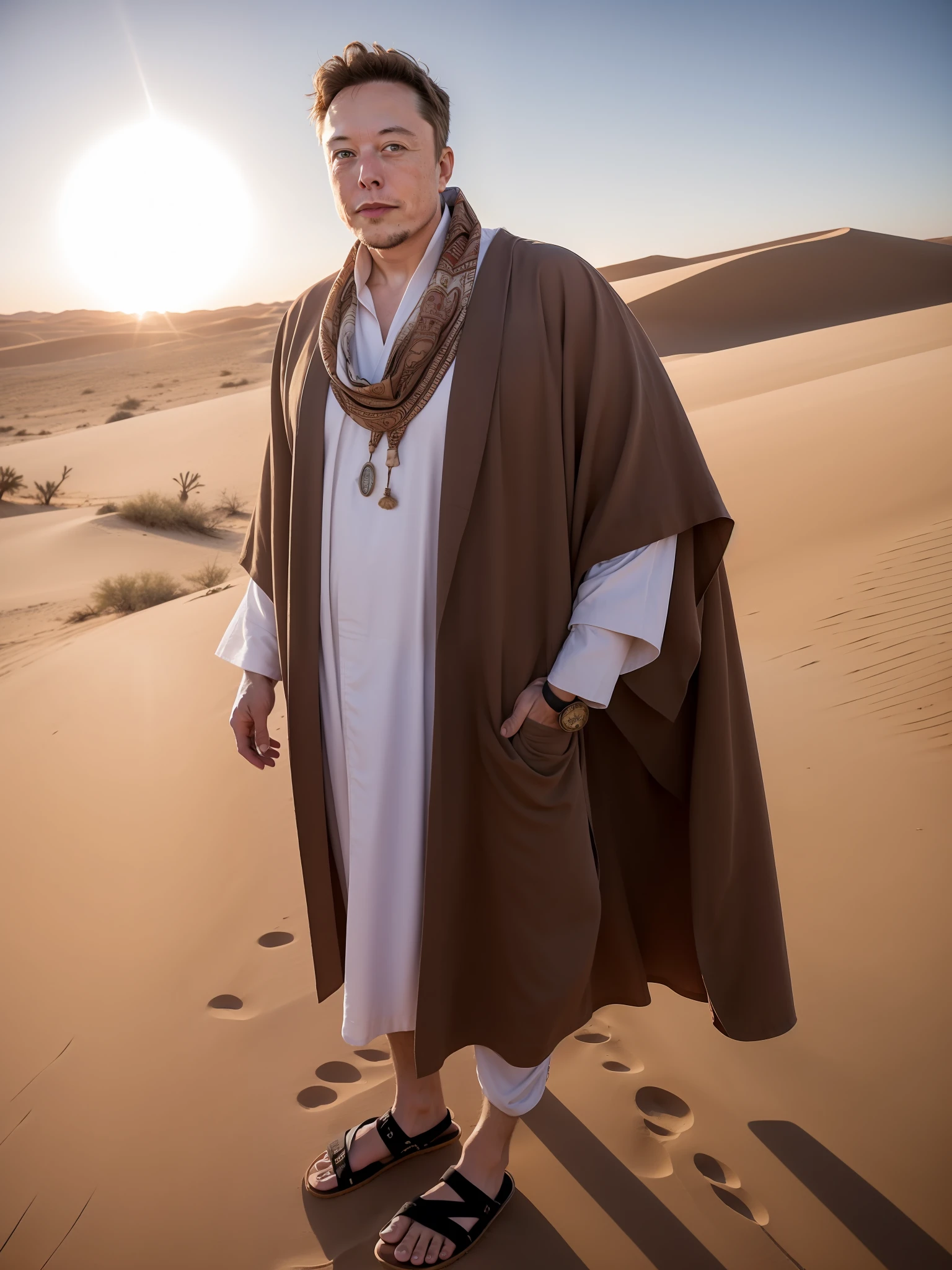 closeup portrait of Elon Musk in robes standing on a desert dune, lens flare, sandals, bandana