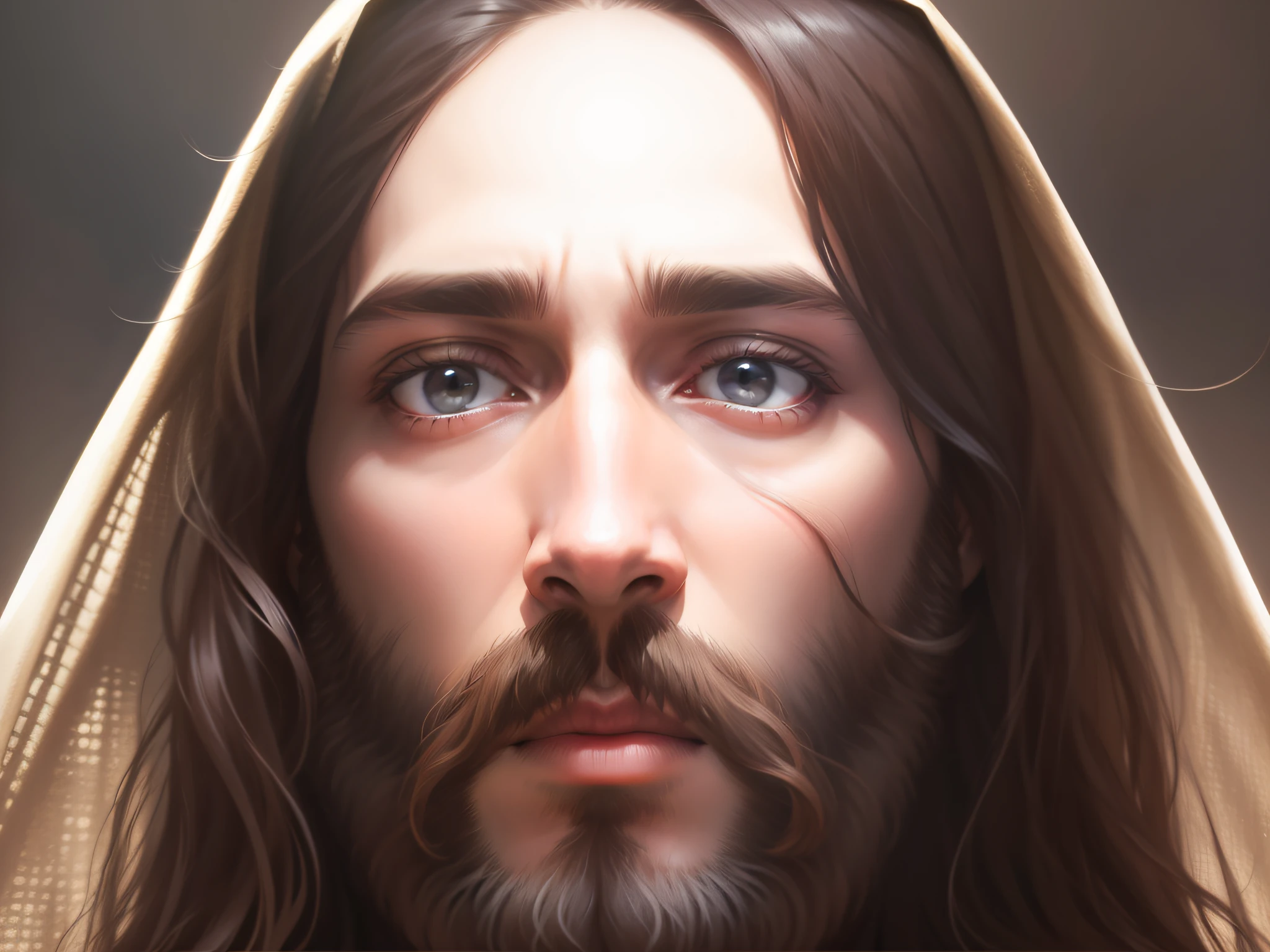 Realistic image of Jesus Christ, with cloak on his head, serene look, with beard and mustache, long hair, light eyes --auto --s2