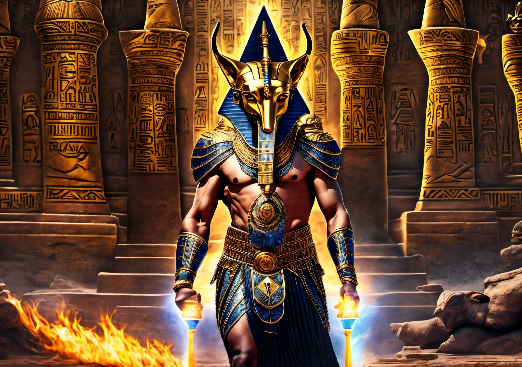 Anubis (Egyptian god), (man's body) jackal's head, (cinematic), pyramids of Egypt (scenery), (high resolution), (8K), (extremely detailed), (oil painting), (detailed eyes), (best quality), (detailed face), solo, (dynamic pose), (full body), (high resolution), (realistic photography), --air 3:2 --in the deformation of limbs, --in the two heads, --in the golden --auto --s2