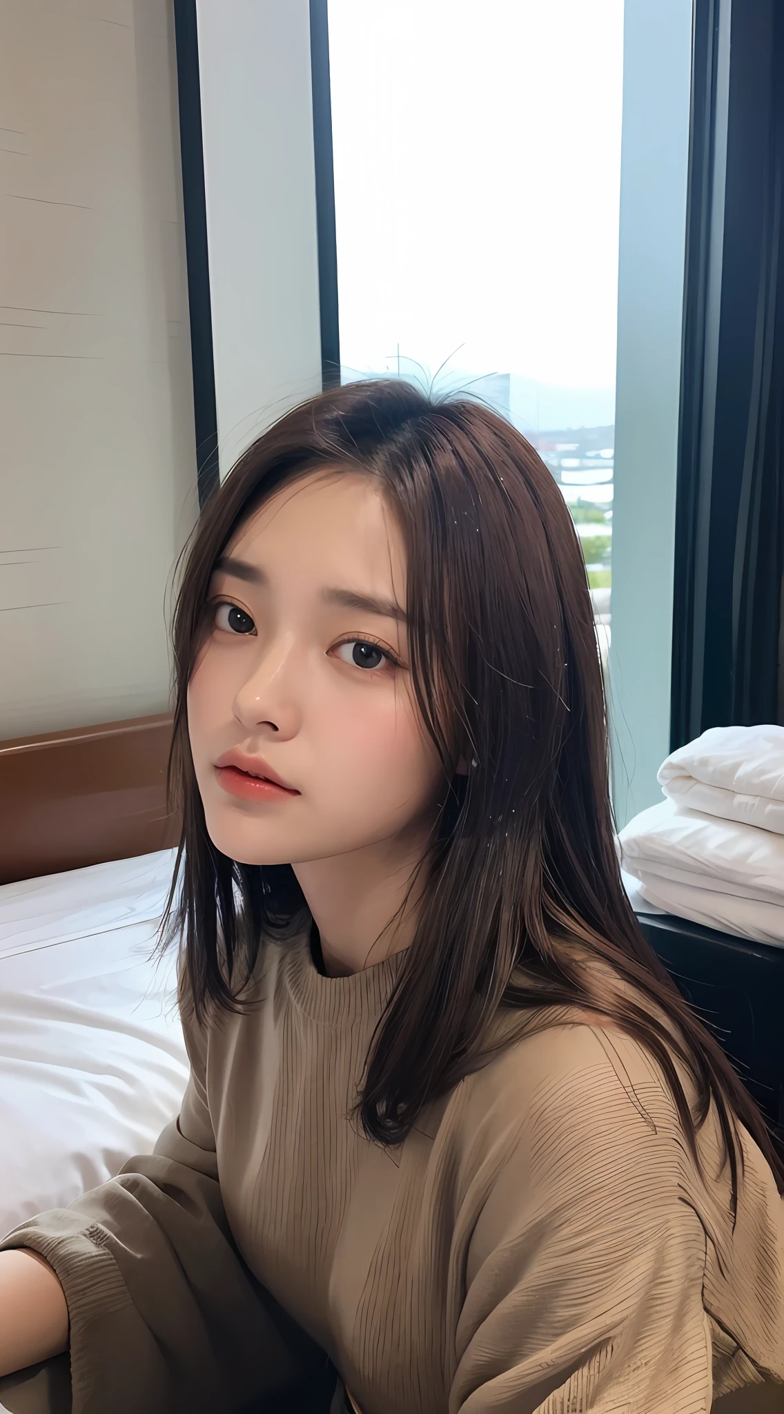 (Top Quality, 8k, Masterpiece: 1.3), She is a lovely woman with a perfect figure: 1.4, dark brown hair, angled from the waist up, sleeping in a bedroom, very detailed face and skin, fine eyes, double eyelids, puffy eyes, detailed eyes, bangs, hotel room with a night view, rain outside window, rain drops on window drops on it.