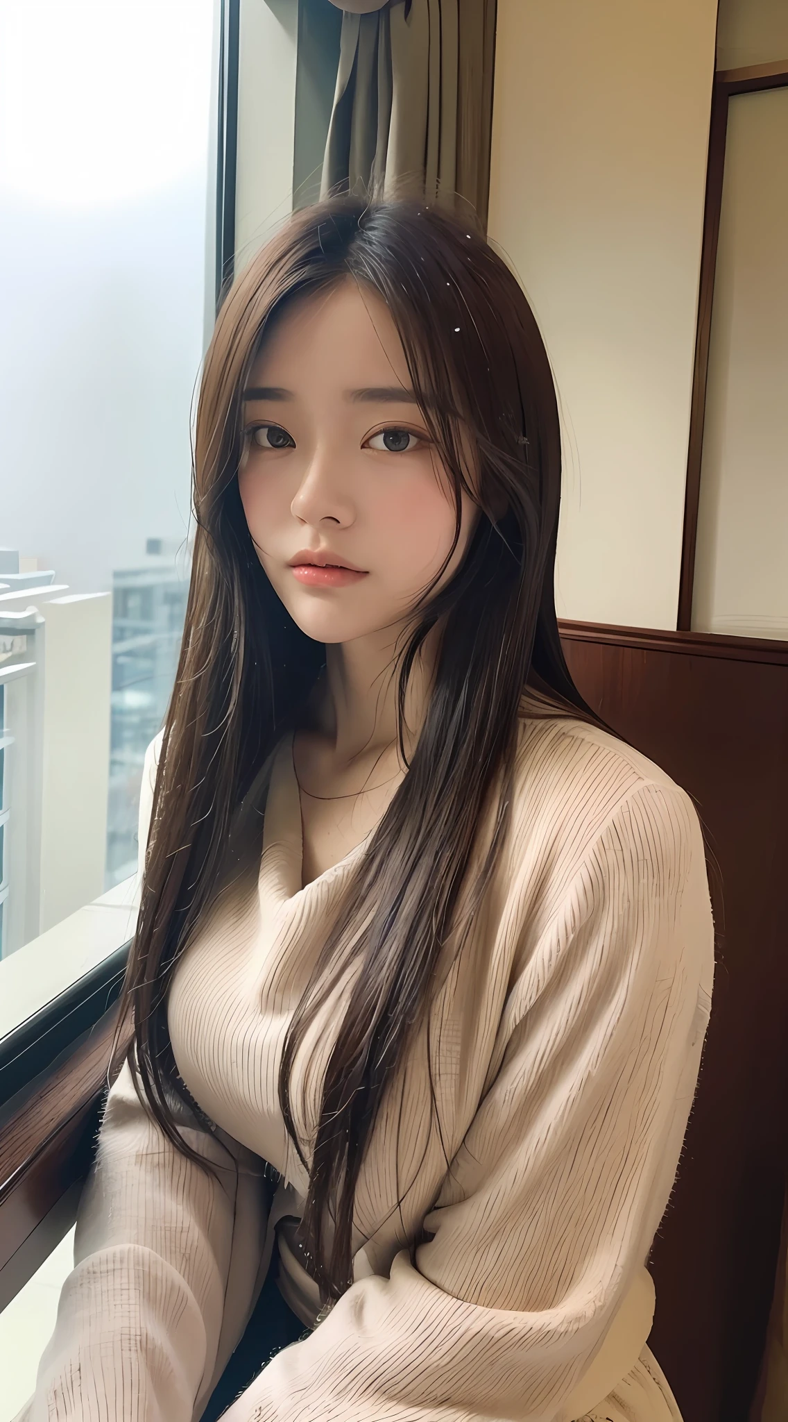 (Top Quality, 8k, Masterpiece: 1.3), She is a lovely woman with a perfect figure: 1.4, dark brown hair, angled from the waist up, sleeping in a bedroom, very detailed face and skin, fine eyes, double eyelids, puffy eyes, detailed eyes, bangs, hotel room with a night view, rain outside window, rain drops on window drops on it.