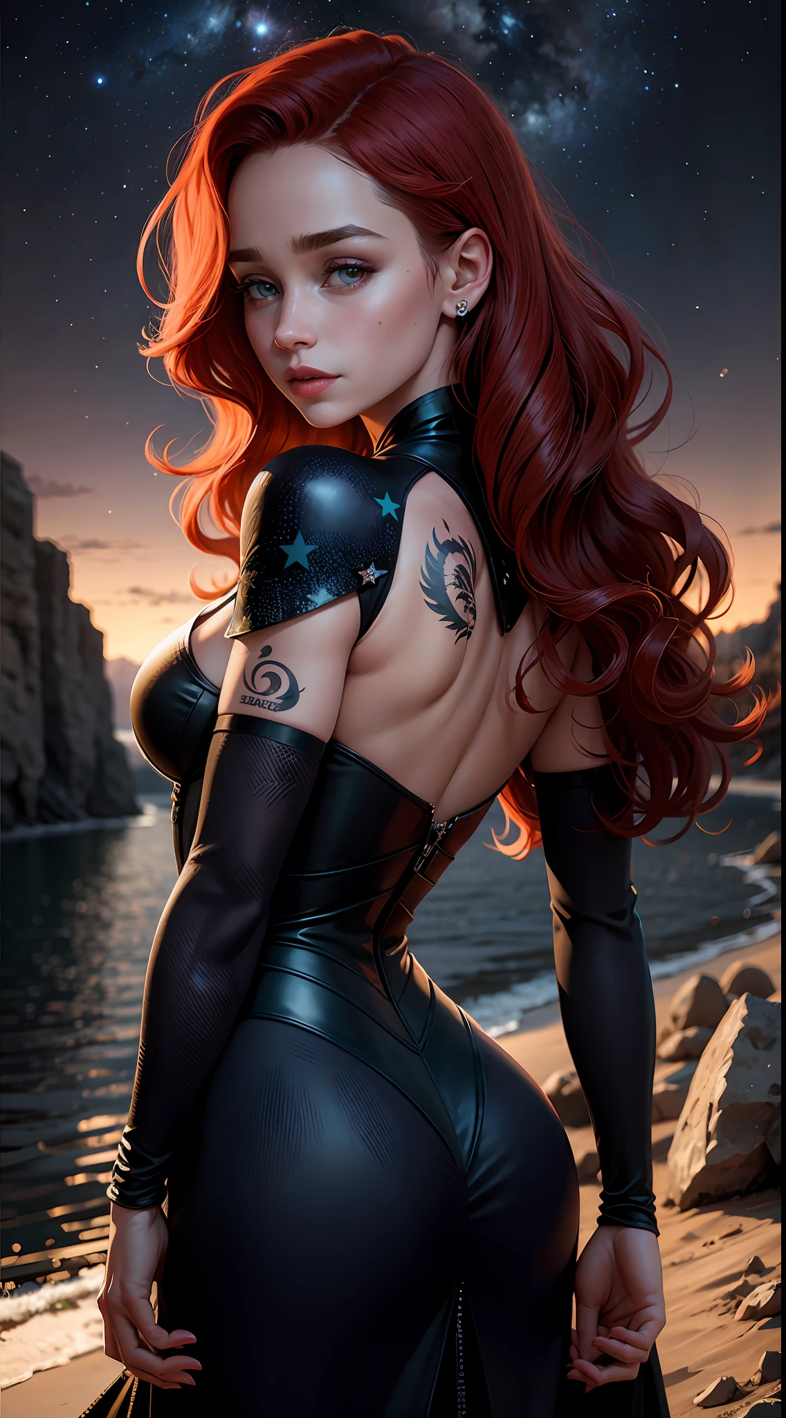 Emilia Clarke, cheerful face, intense red hair and original wavy black, long eyelashes, beautiful blue eyes with brightness, lipstick, surrealism, shadow, stereogram, (photorealistic, realistic: 1.2), POV, atmospheric perspective, cinematic lighting, ray tracing, 8k, super detail, best quality, masterpiece, well detailed, (Canan EOS R6, 135mm, 1/1250s, f/2.8, ISO 400:0.9), stars, galaxy background, ugly lights,  Neckline, back, round ass, cord, earrings, tattoos.
