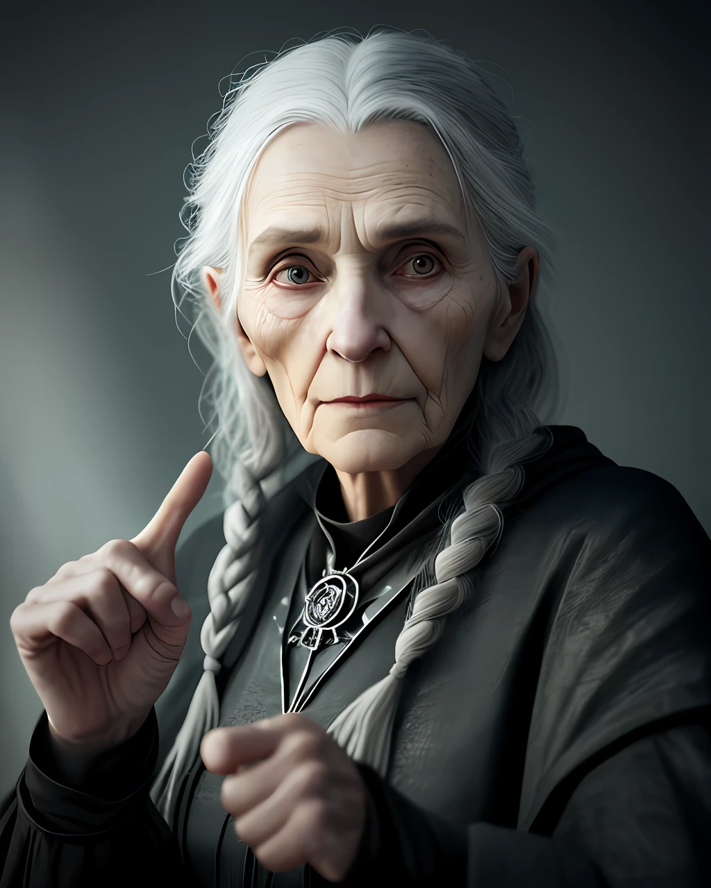 An old crone in ragged clothing points her index finger directly at you, clear face details, sharp clear compelling eyes, forced perspective with her hand and fingers seeming much larger than normal, photographic style, cinematic, dramatic, POV, depth of field, super sharp focus, compelling fantasy image, uncomfortable, highly detailed, 16 k, high resolution, unreal engine 5, octane render