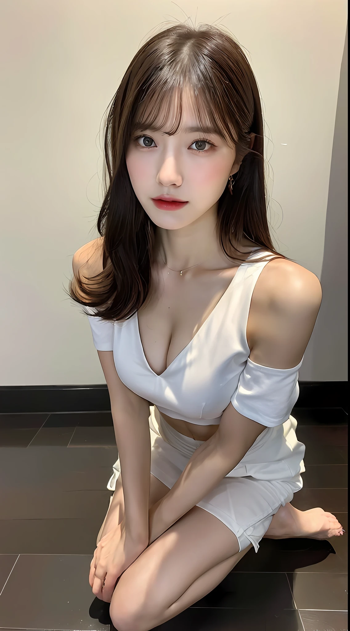 ((top quality, 8k, masterpiece: 1.3)), beauty, 1 girl, beautiful: 1.3, slender abs: 1.1, dark brown hair, (kneeling on the floor, legs open: 1.2), ultra detailed face, highly detailed lips, detailed eyes, double eyelids