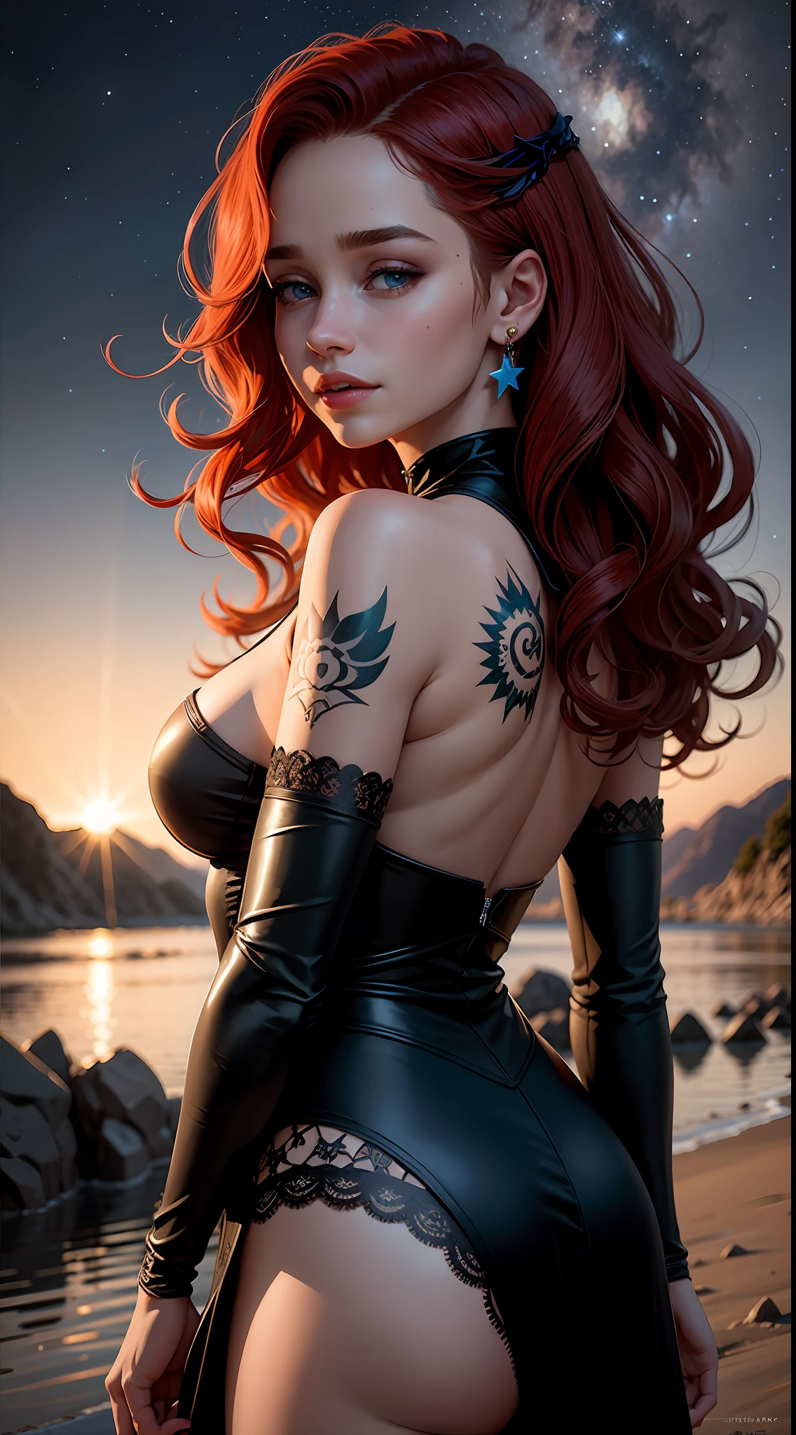 Emilia Clarke, cheerful face, intense red hair and original wavy black, long eyelashes, beautiful blue eyes with brightness, lipstick, surrealism, shadow, stereogram, (photorealistic, realistic: 1.2), POV, atmospheric perspective, cinematic lighting, ray tracing, 8k, super detail, best quality, masterpiece, well detailed, (Canan EOS R6, 135mm, 1/1250s, f/2.8, ISO 400:0.9), stars, galaxy background, ugly lights, Neckline, back, round ass, cord, earrings, tattoos.