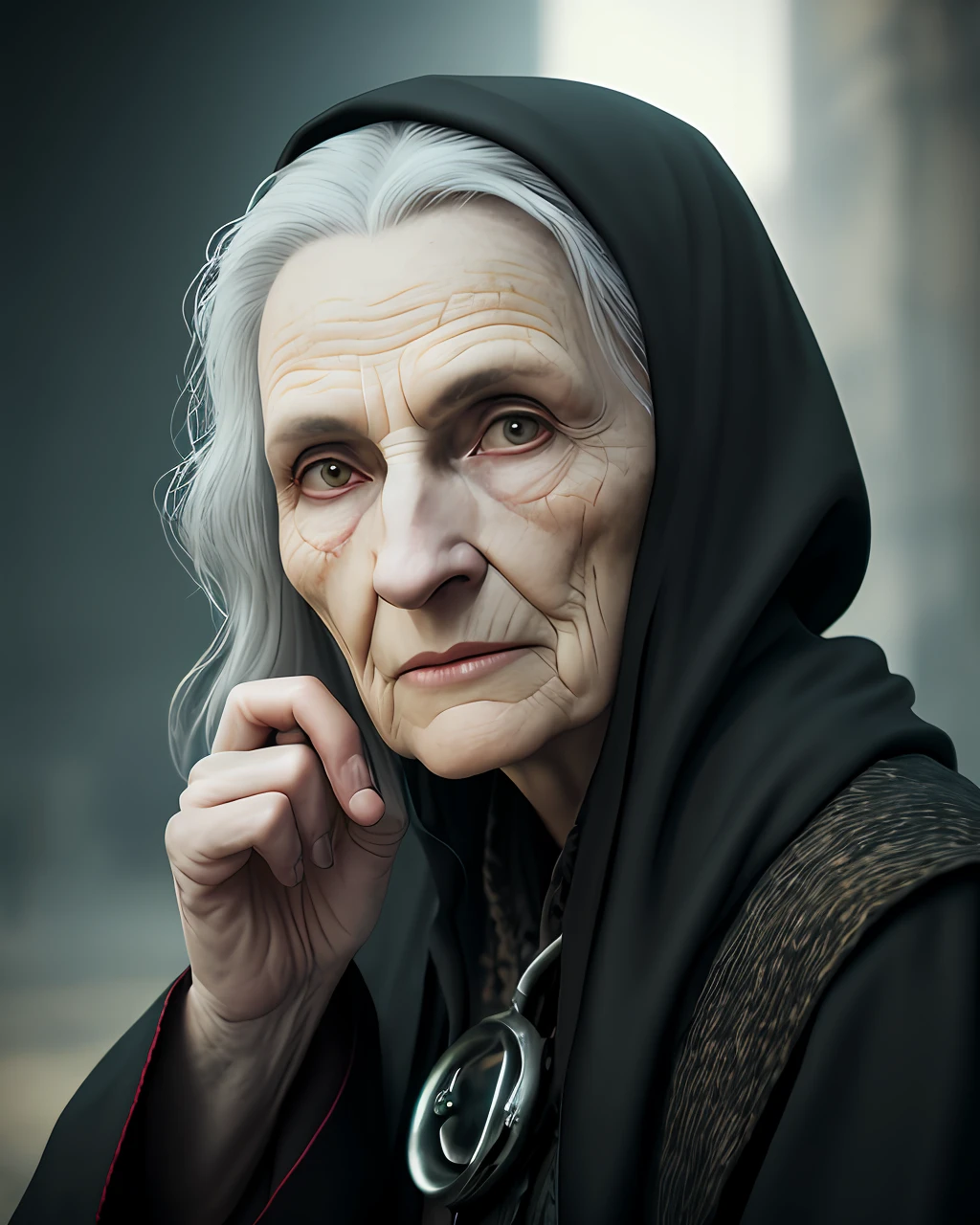 An old crone in ragged clothing points her index finger directly at you, clear face details, sharp clear compelling eyes, forced perspective with her hand and fingers seeming much larger than normal, photographic style, cinematic, dramatic, POV, depth of field, super sharp focus, compelling fantasy image, uncomfortable, highly detailed, 16 k, high resolution, unreal engine 5, octane render