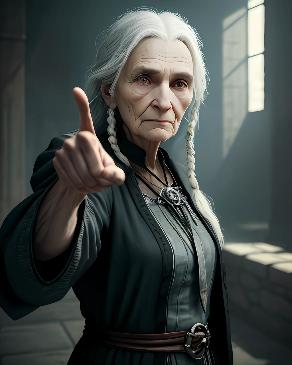 An old crone in ragged clothing points her index finger directly at you, clear face details, sharp clear compelling eyes, forced perspective with her hand and fingers seeming much larger than normal, photographic style, cinematic, dramatic, POV, depth of field, super sharp focus, compelling fantasy image, uncomfortable, highly detailed, 16 k, high resolution, unreal engine 5, octane render