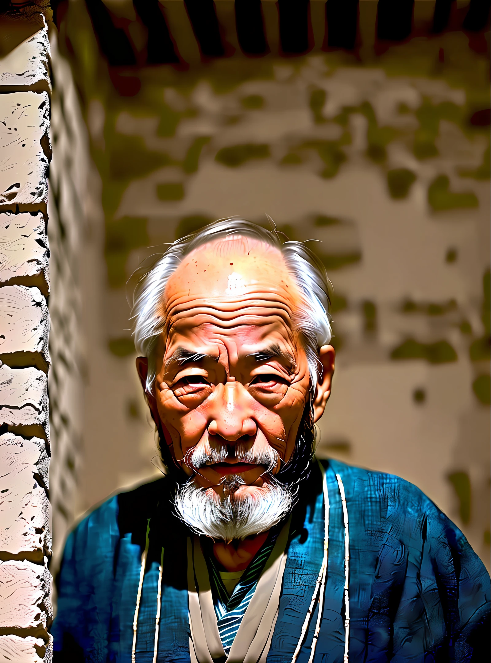 an old Japanese man with a long beard hyper realistic, in a dusty basement with lots of cobwebs in the corners and several inverted crucifixes hanging from the ceiling, image photorealistic